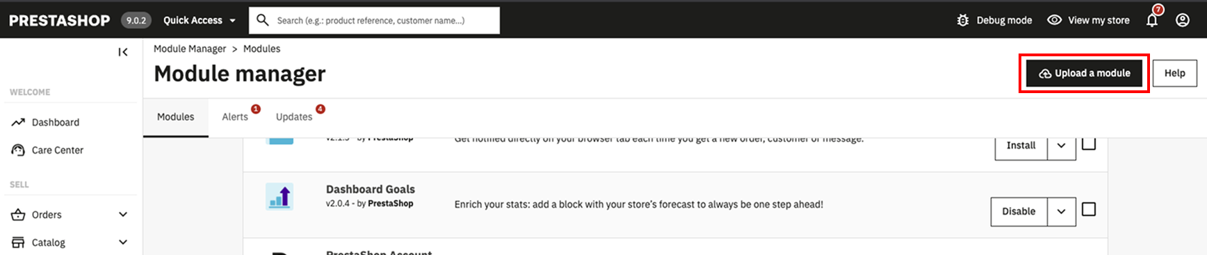 Back office Module Manager with Upload module button highlighted
