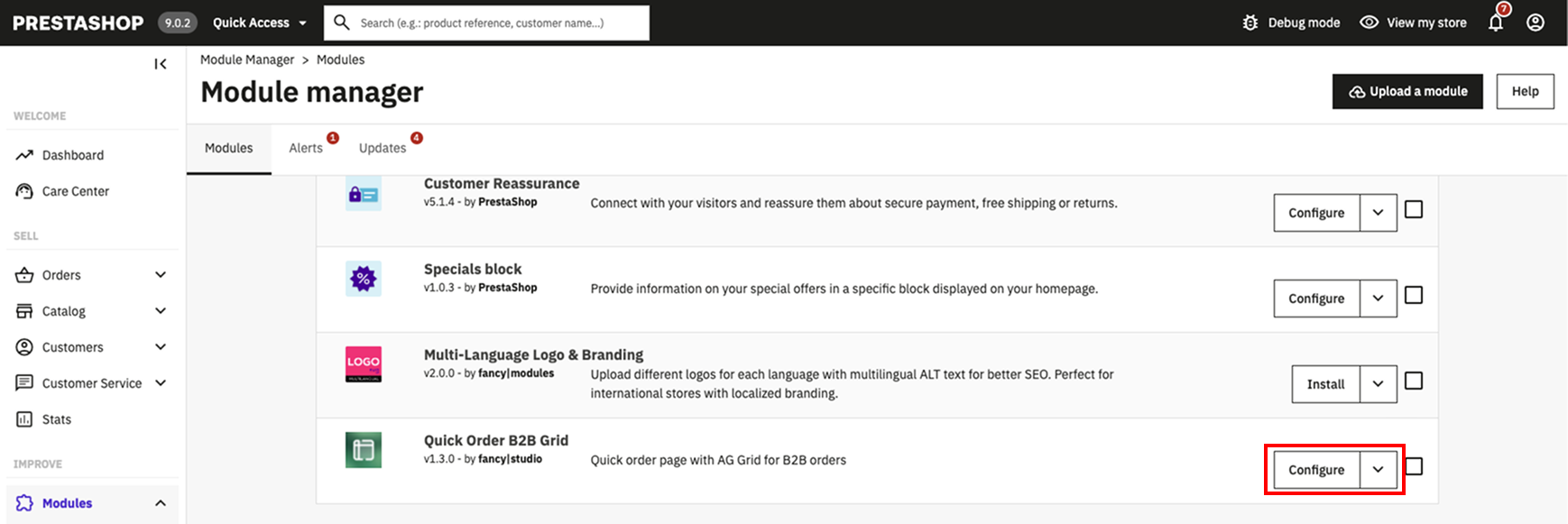 Module Manager list with Quick Order B2B Grid module Configure button and version annotated