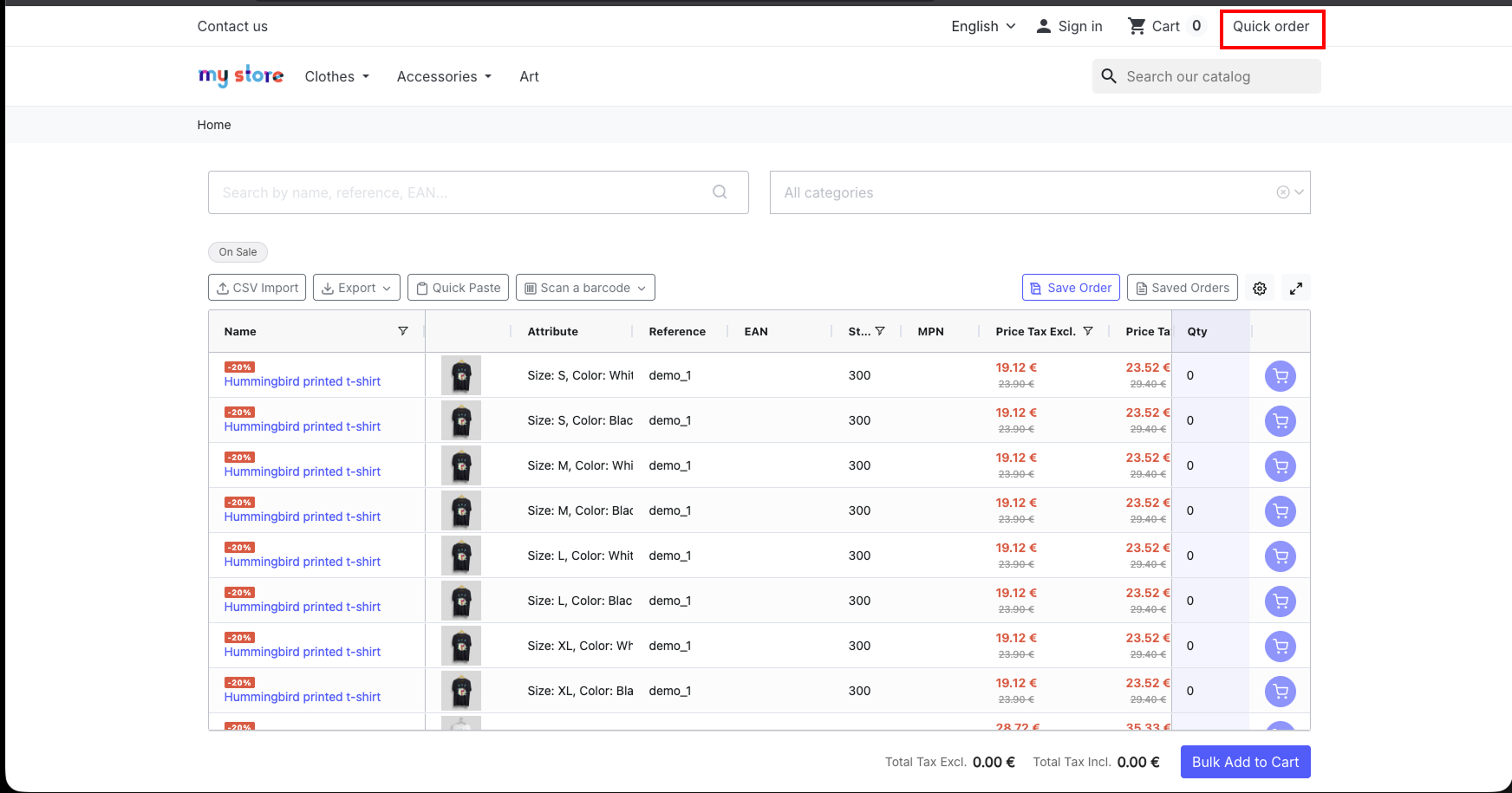 Store front top navigation bar with Quick order link highlighted