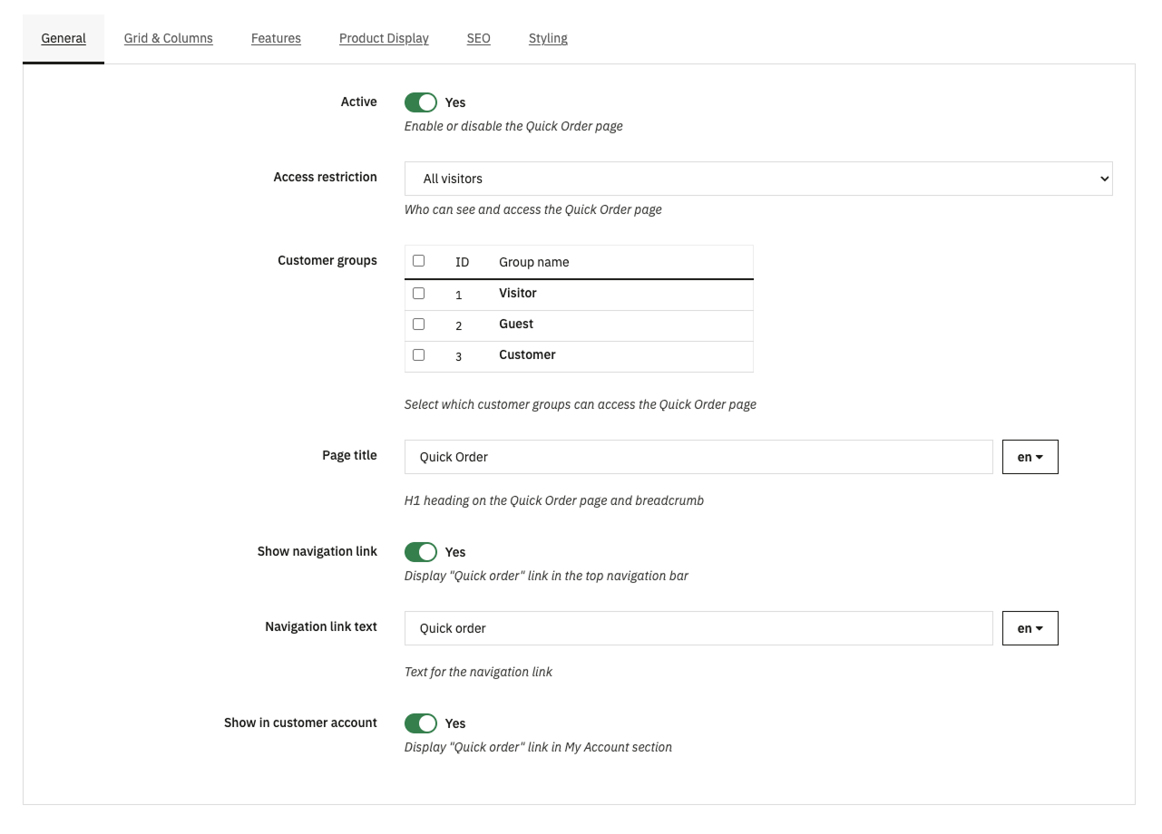 General tab with Active switch, Access restriction dropdown, Customer groups selector, Page title field, and other controls