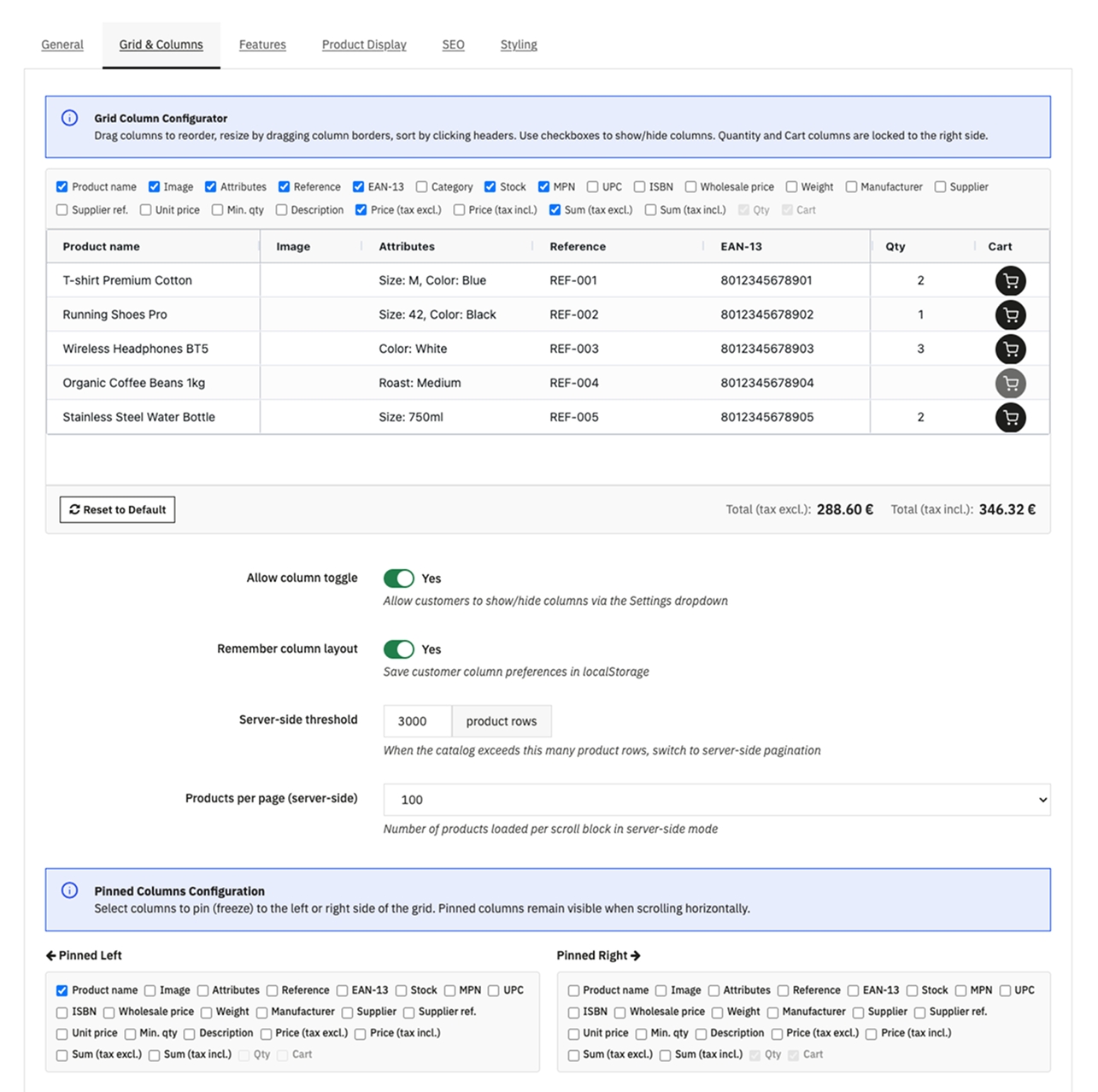 Grid & Columns tab with AG Grid preview, column checkbox panel, Reset button, Server-side threshold field, and other controls