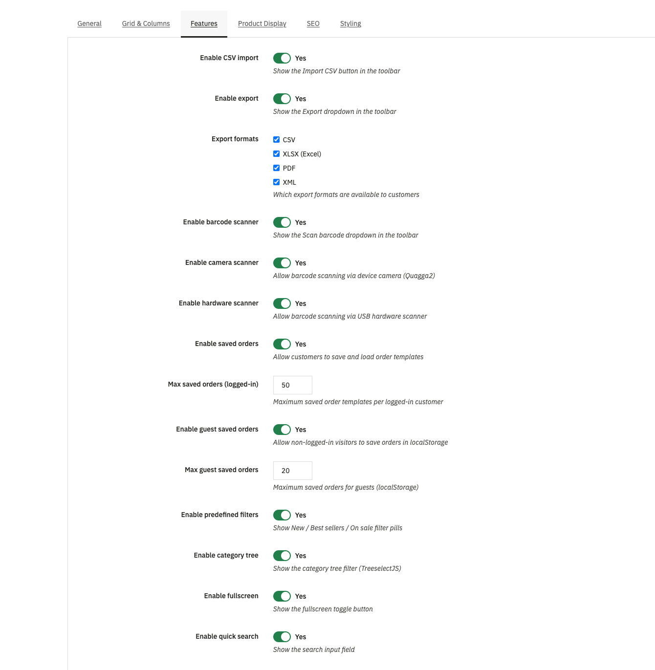 Features tab with all feature toggles including CSV import, export, barcode scanner, saved orders, and filter options