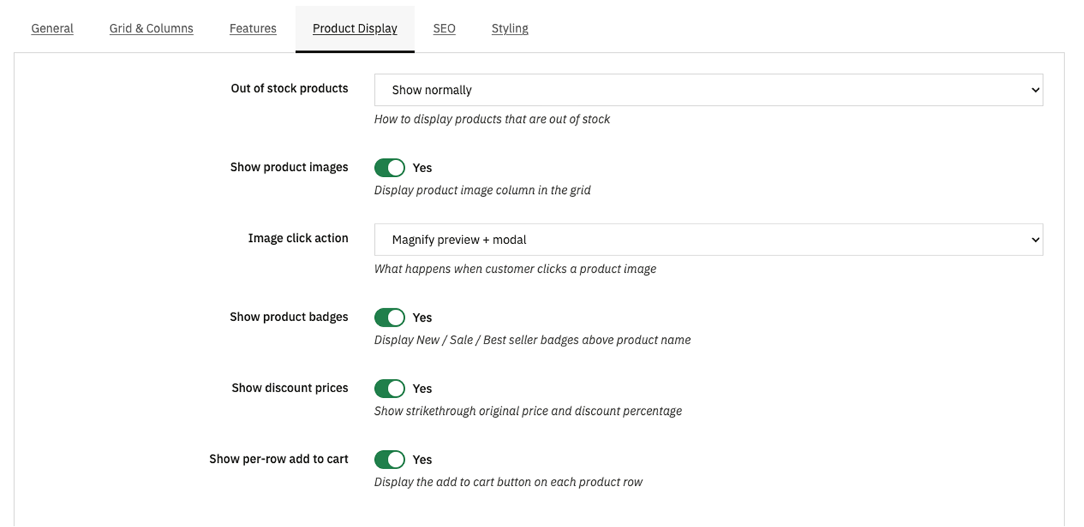Product Display tab with out-of-stock dropdown, product images switch, image click action, badges, discount prices, and per-row add to cart options