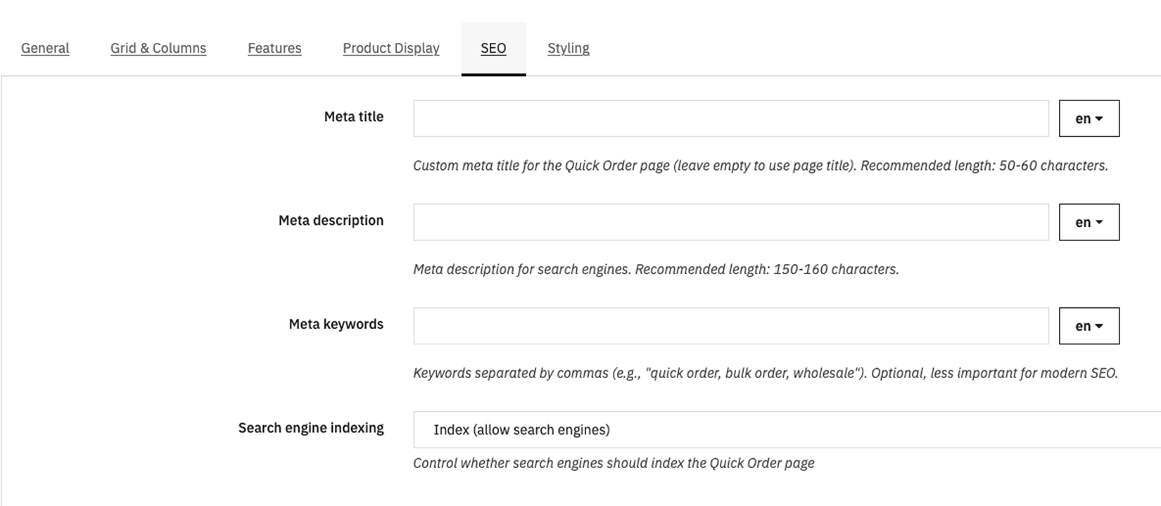 SEO tab with Meta title, Meta description, Meta keywords fields, and Robots indexing dropdown