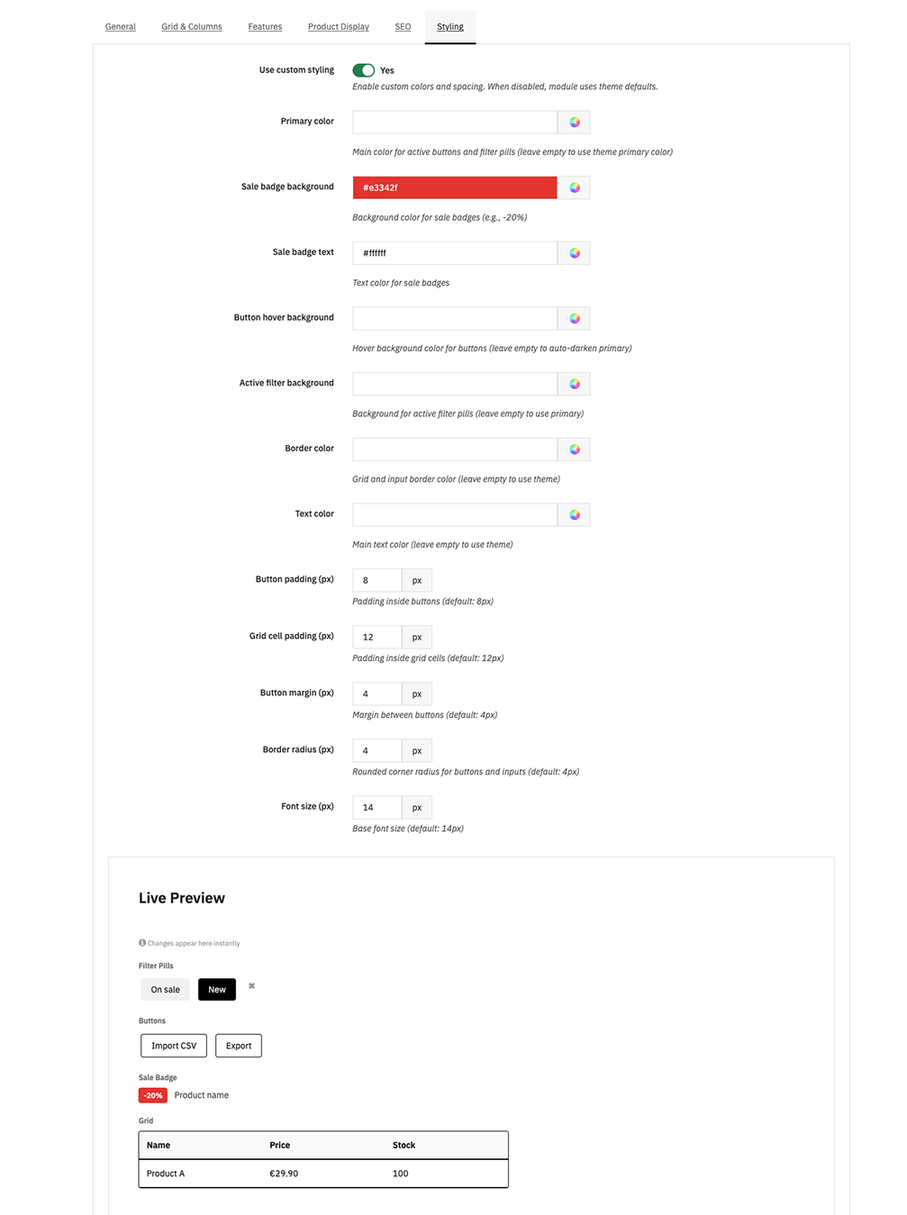 Styling tab with custom styling master switch, color pickers for primary color and sale badges, button hover color, spacing fields, and live preview panel