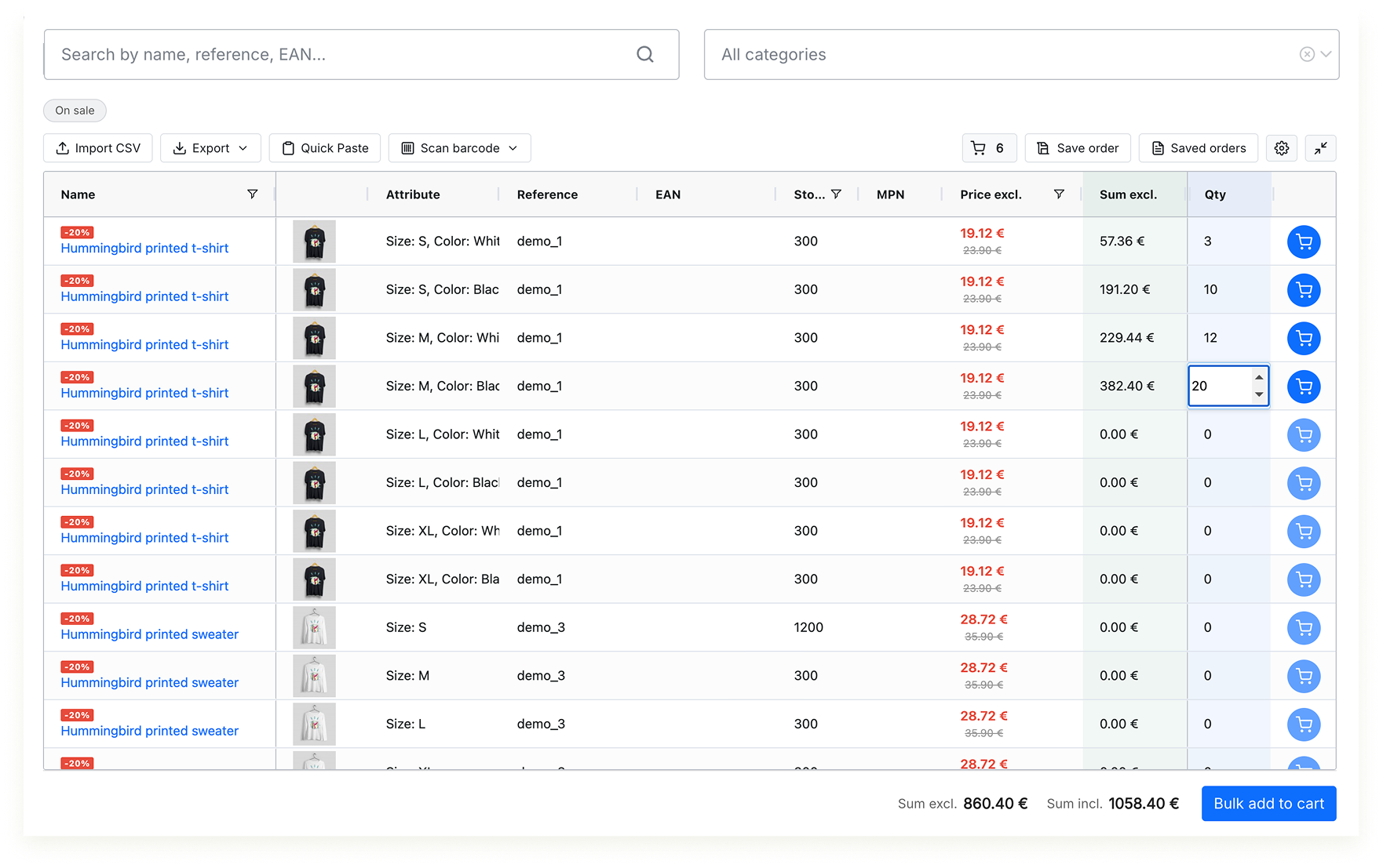 Full Quick Order page with search input, category tree dropdown, filter pills, toolbar buttons, AG Grid with column headers, product rows, footer totals, and Add all to cart button