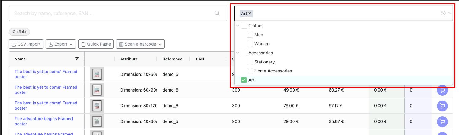 Category tree dropdown expanded with hierarchical tree and checked categories