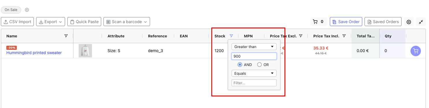 Column filter popup on Stock column with filter type dropdown and value input