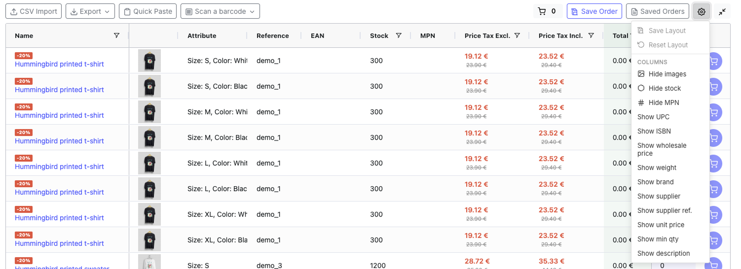 Settings dropdown with Save grid layout, Reset grid layout, and column toggle buttons
