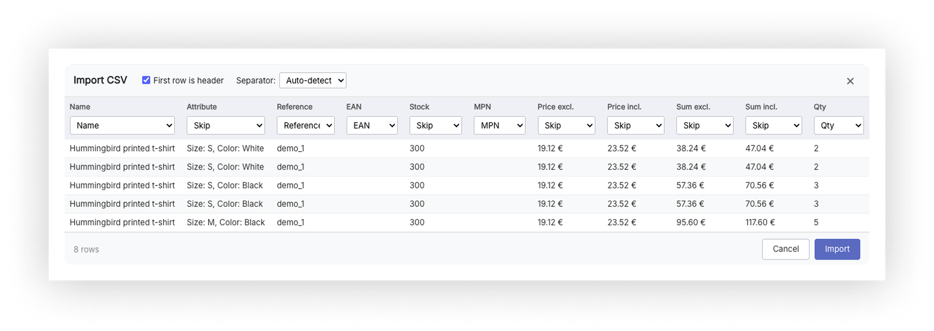 CSV Import modal with file header checkbox, separator selector, column mapping dropdowns, preview table, and Import/Cancel buttons