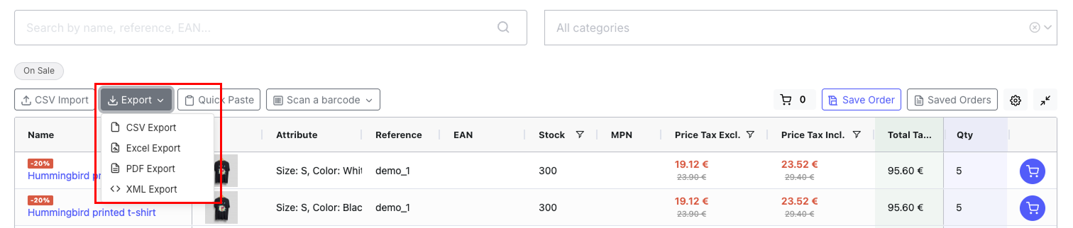 Export dropdown showing 4 options: CSV, Excel, PDF, and XML with file icons