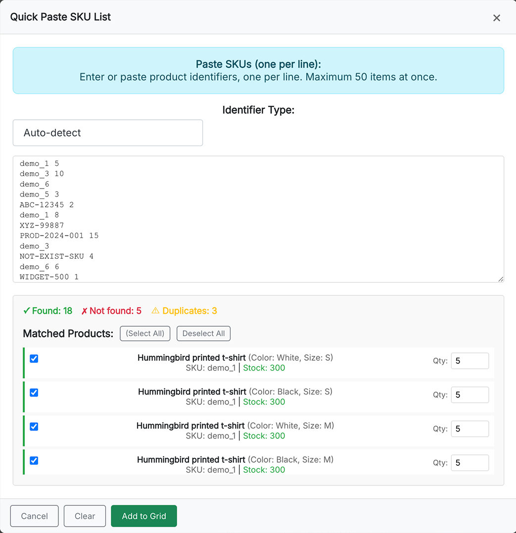 Quick Paste modal with identifier type dropdown, text area with SKUs, Find products button, and Clear button