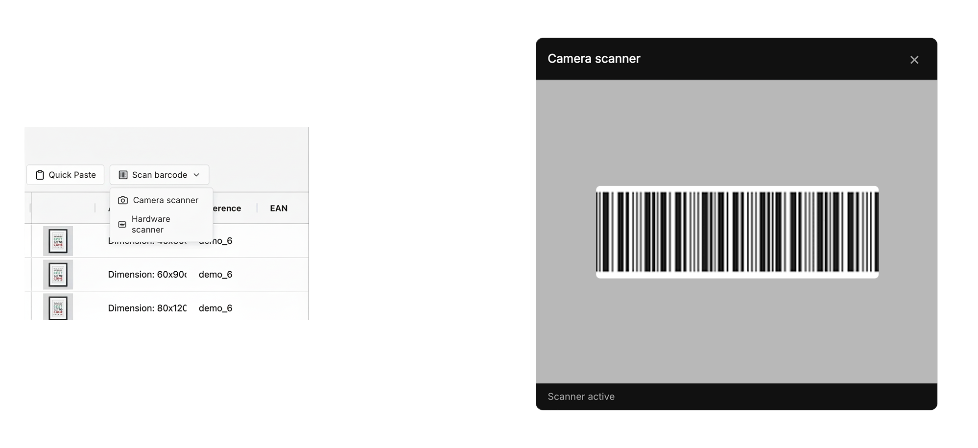 Camera scanner modal with dark overlay, live camera video feed, scanning target rectangle, close button, and instruction text