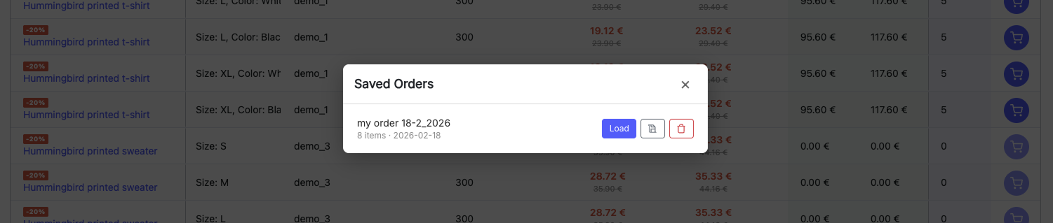 Saved orders modal with list of saved orders, Load, Overwrite, and Delete buttons per order, and localStorage entry with local badge
