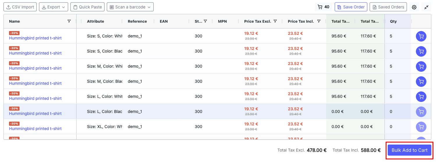 Bottom of grid showing footer totals, Add all to cart button, and cart badge in toolbar