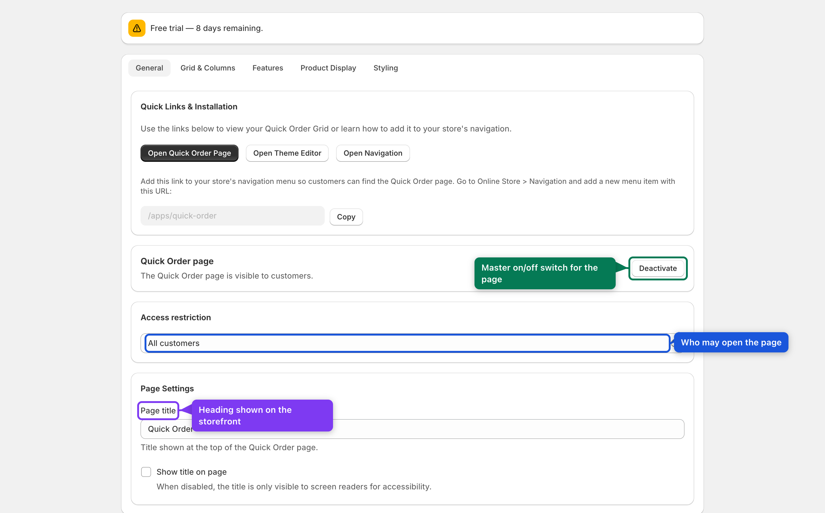 General tab — activation, access, page title