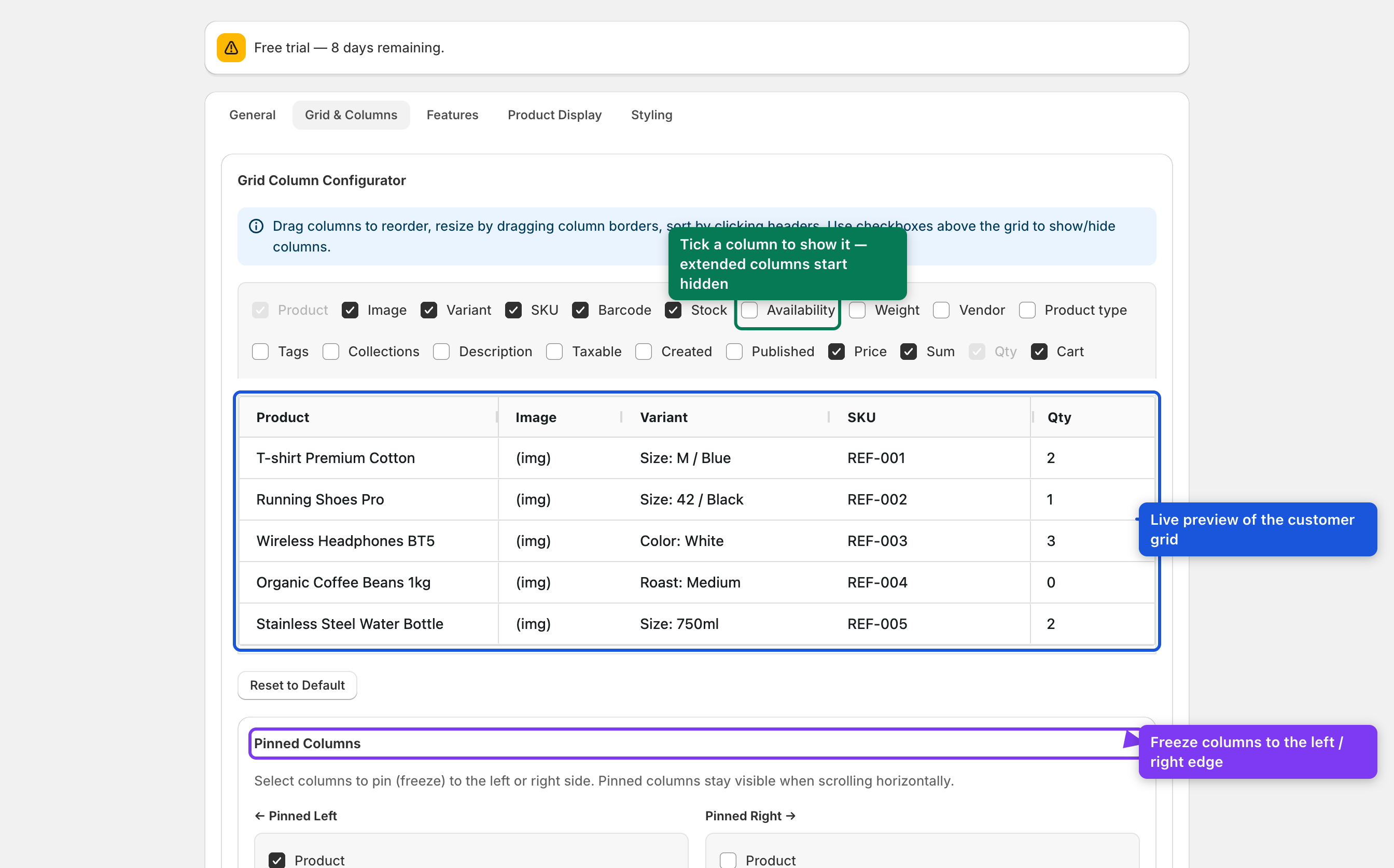 Grid & Columns — configurator, options, pinned columns