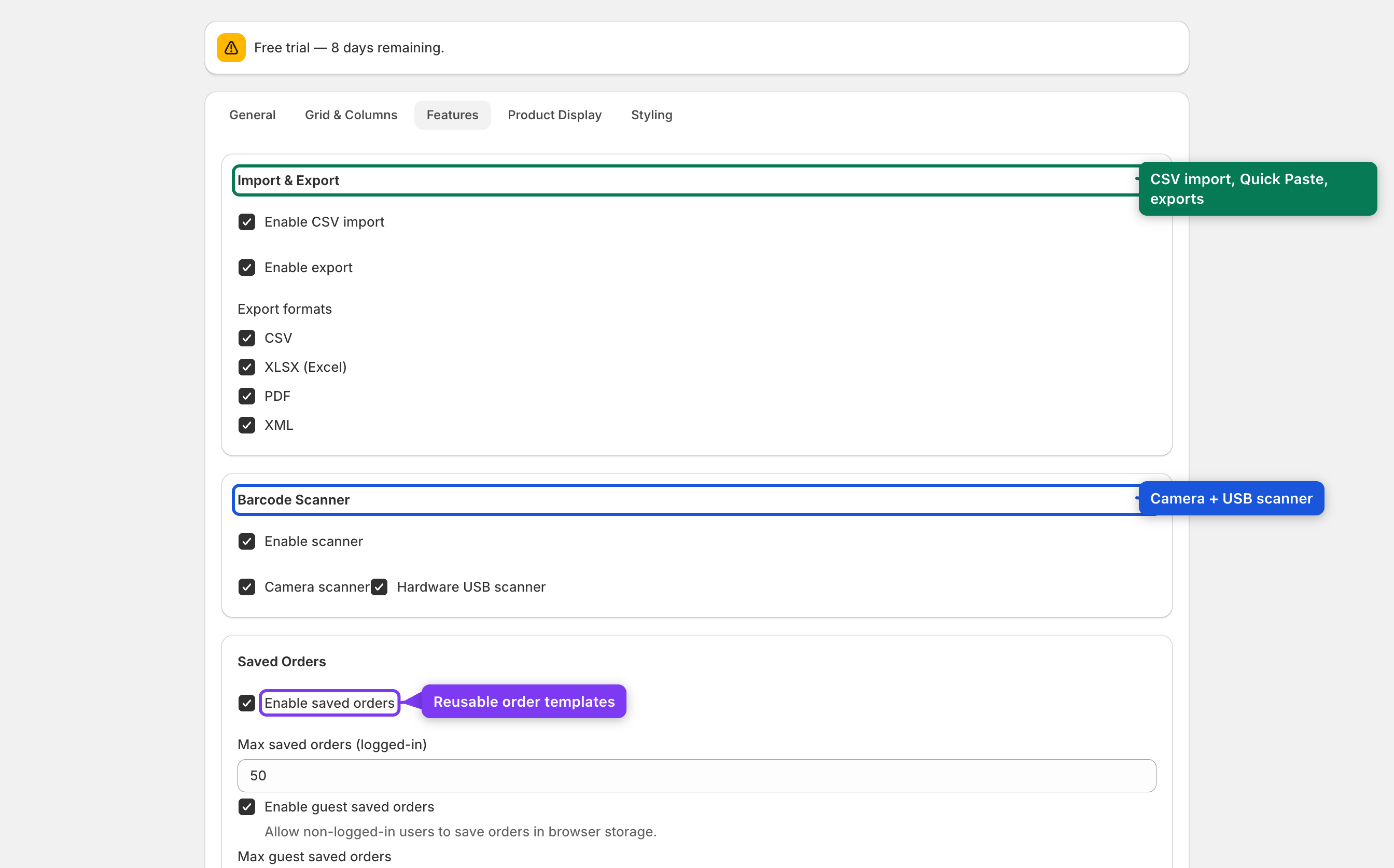 Features tab — Import/Export, Scanner, Saved Orders, Filters & UI