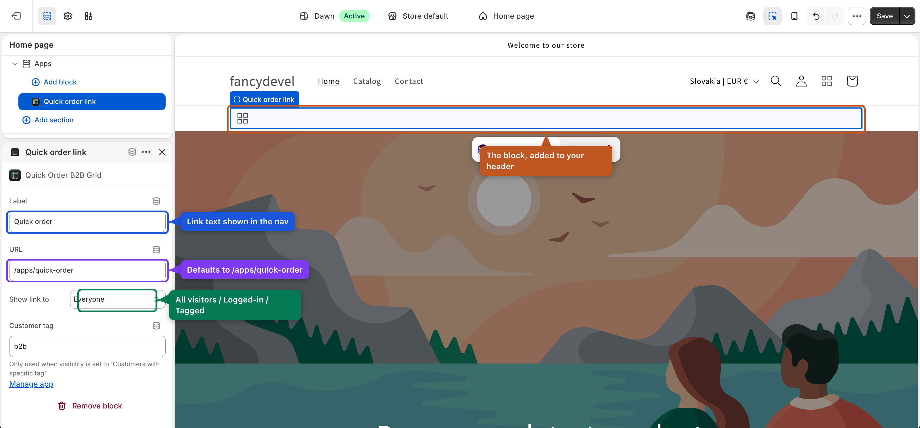 Quick Order Link block settings in the theme editor