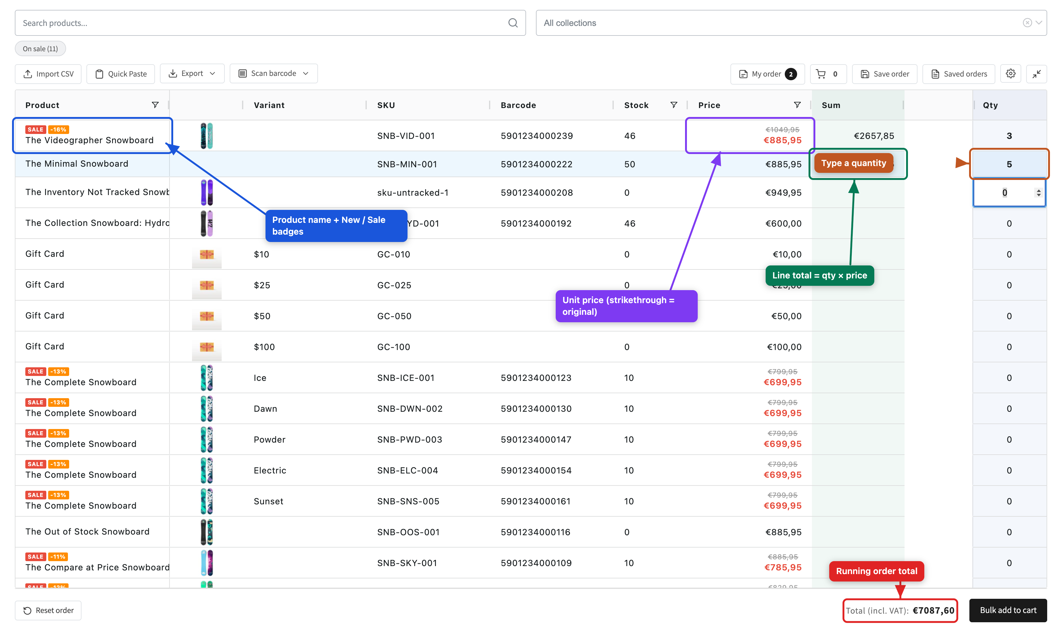 Full grid in fullscreen — all columns, prices, sums and total