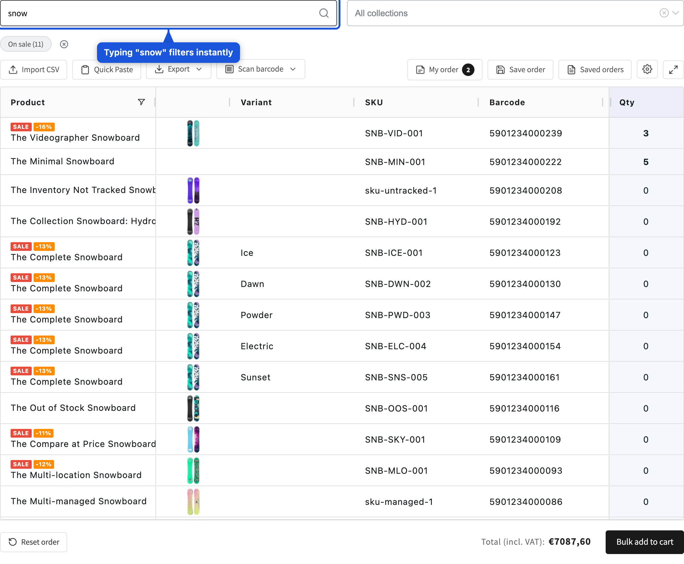 Searching "snow" filters the grid live