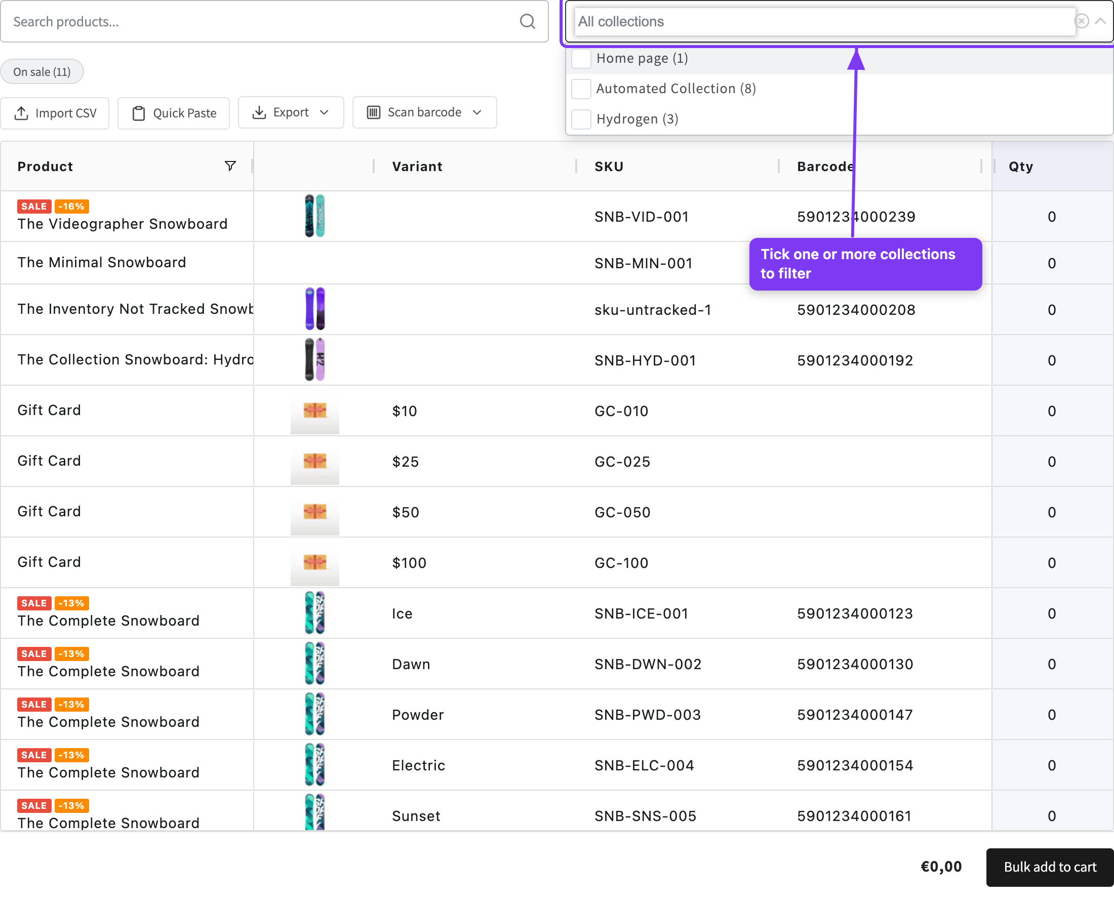 Collections tree dropdown