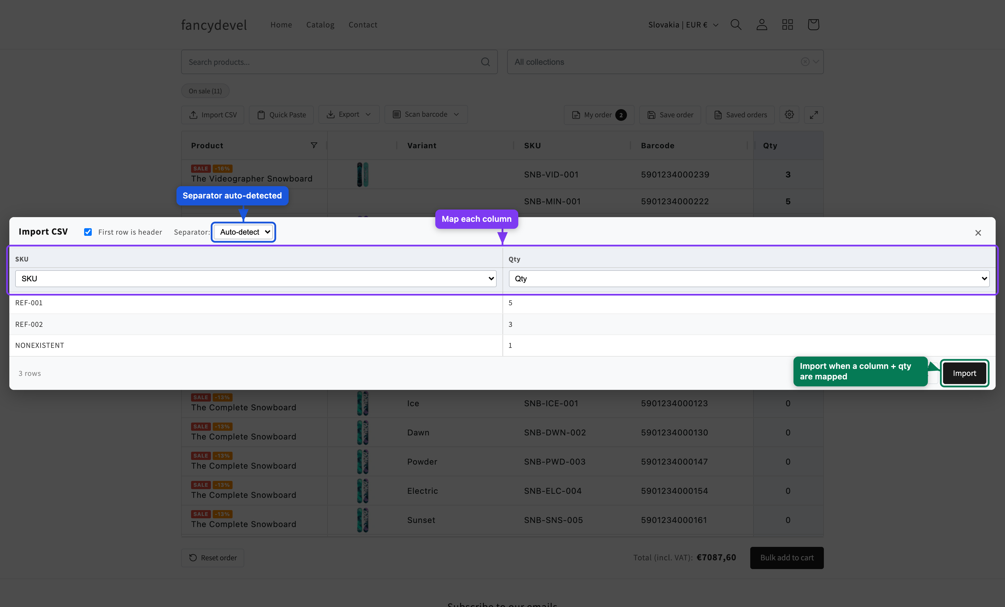 CSV import — separator, column mapping and preview