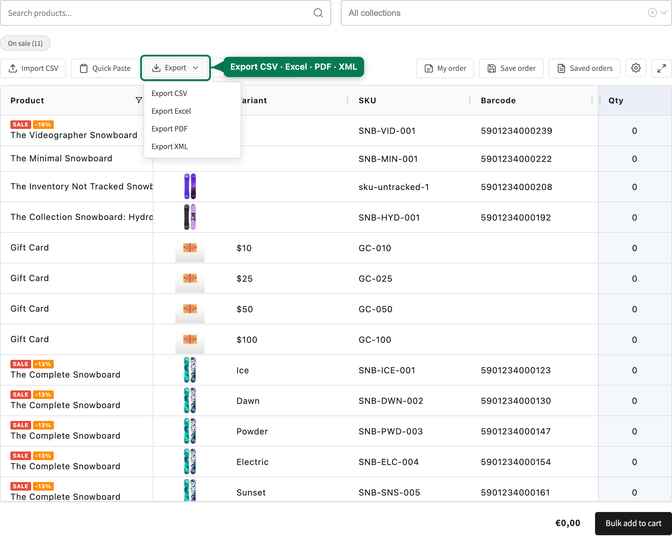 Export dropdown — CSV, Excel, PDF, XML