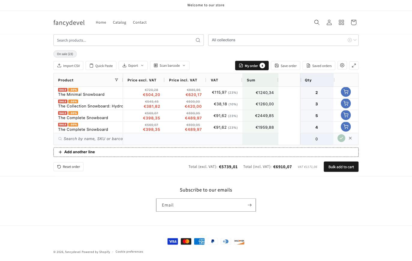 B2B order with net + gross VAT columns, per-line rate and dual totals