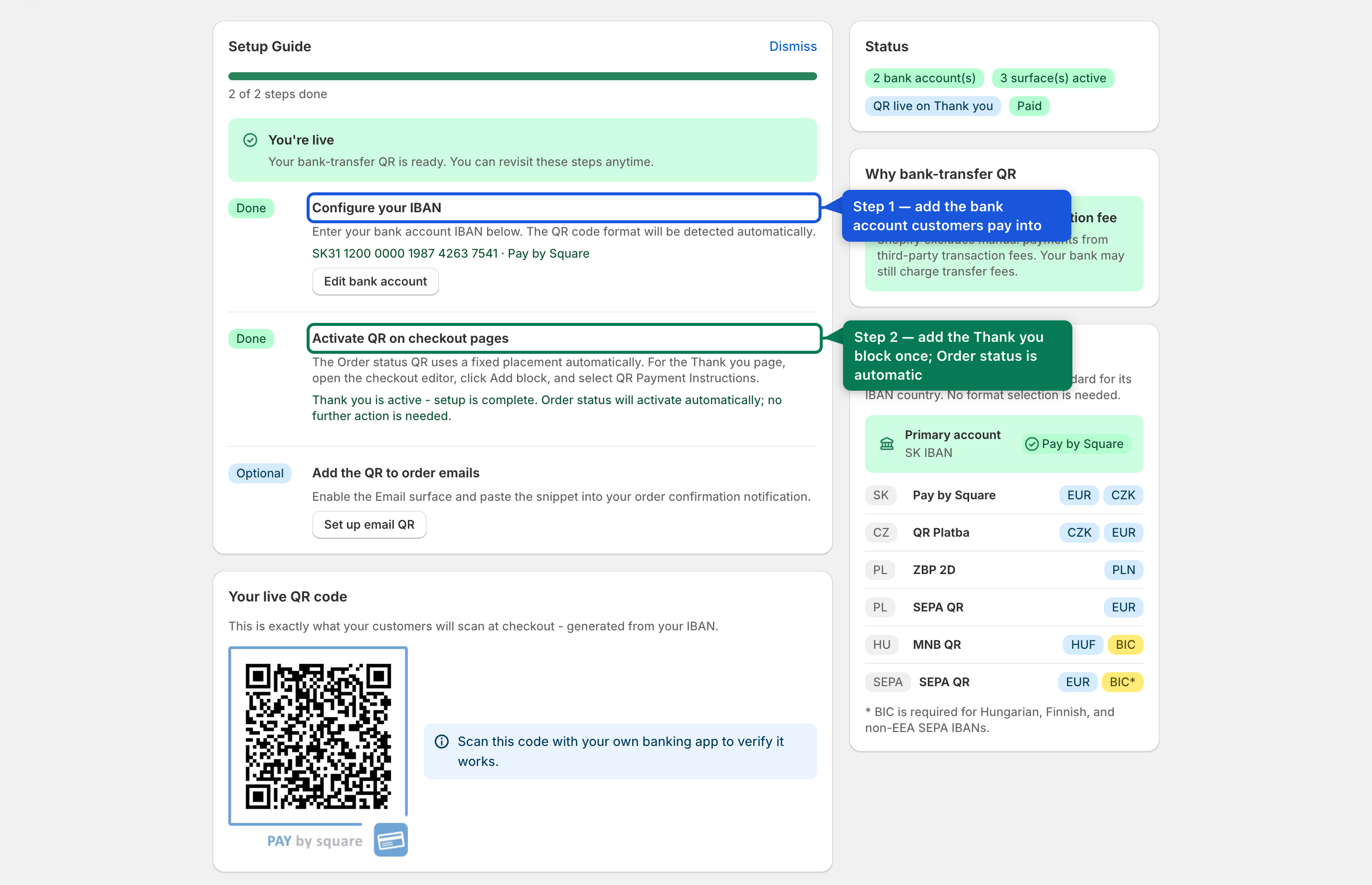 Home dashboard — setup guide with Step 1 (bank account) and Step 2 (checkout activation)