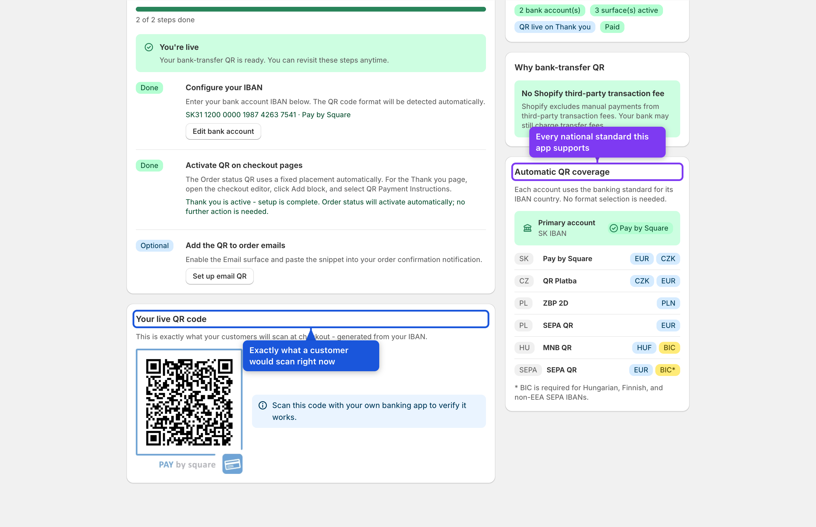 Home dashboard — live QR preview and status/coverage cards