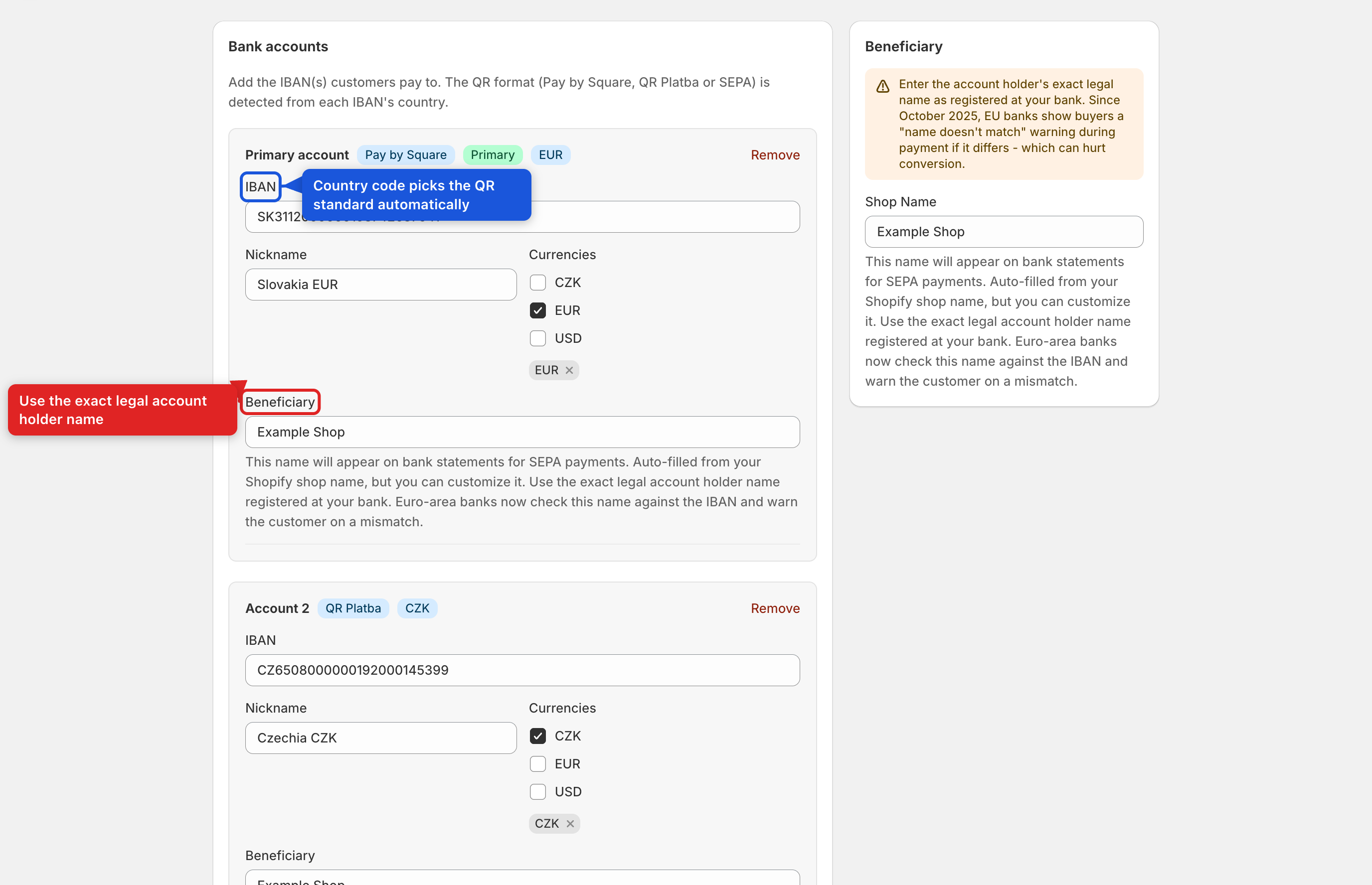 Bank accounts — IBAN, BIC (when required) and beneficiary name
