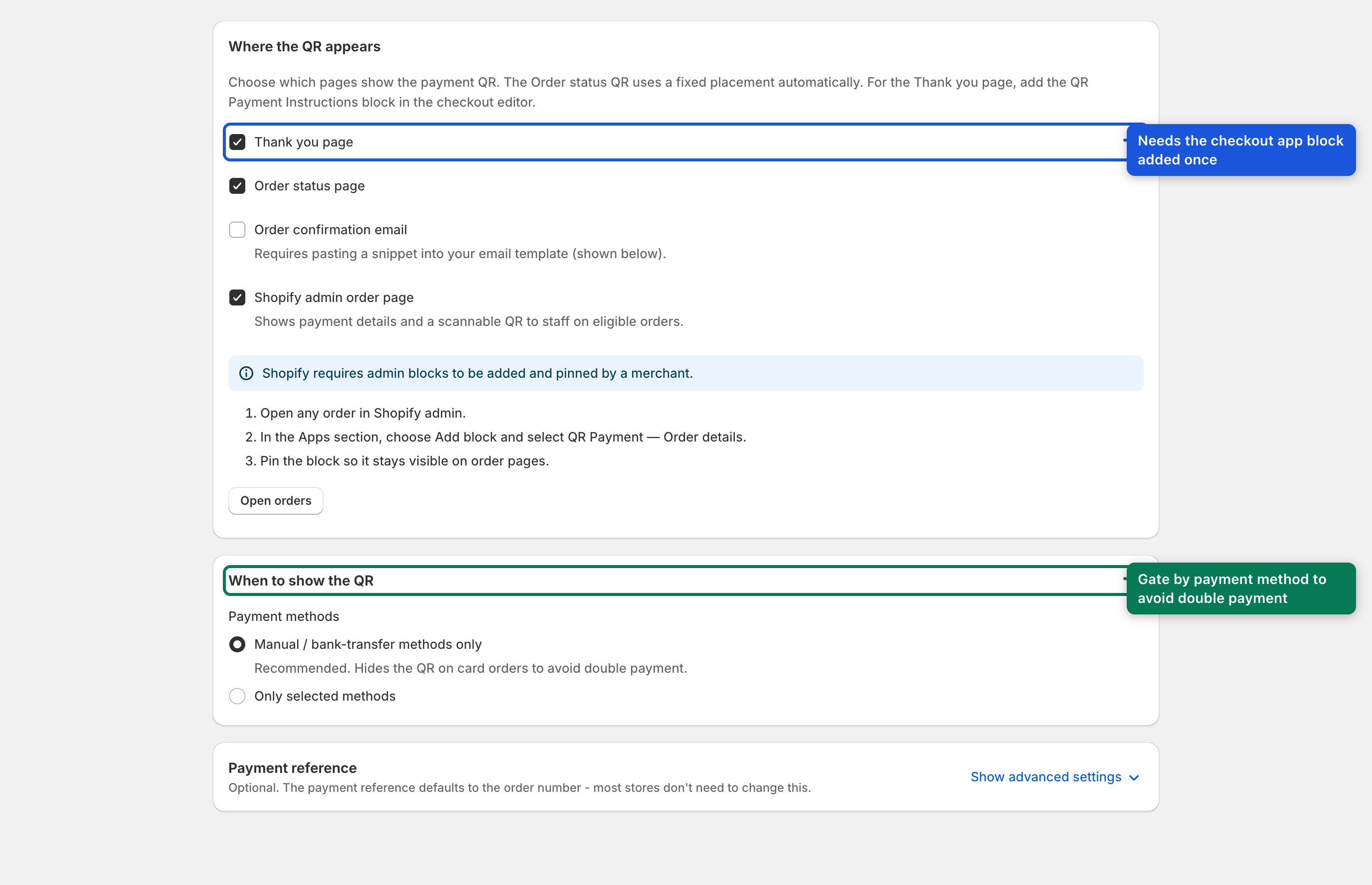 Display & surfaces — surface toggles and payment-method conditions