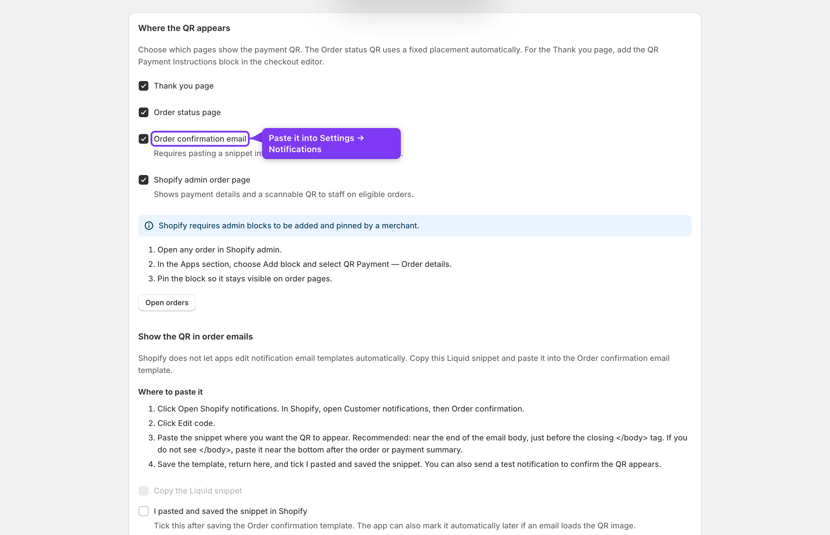 Display & surfaces — email QR setup steps and copyable Liquid snippet
