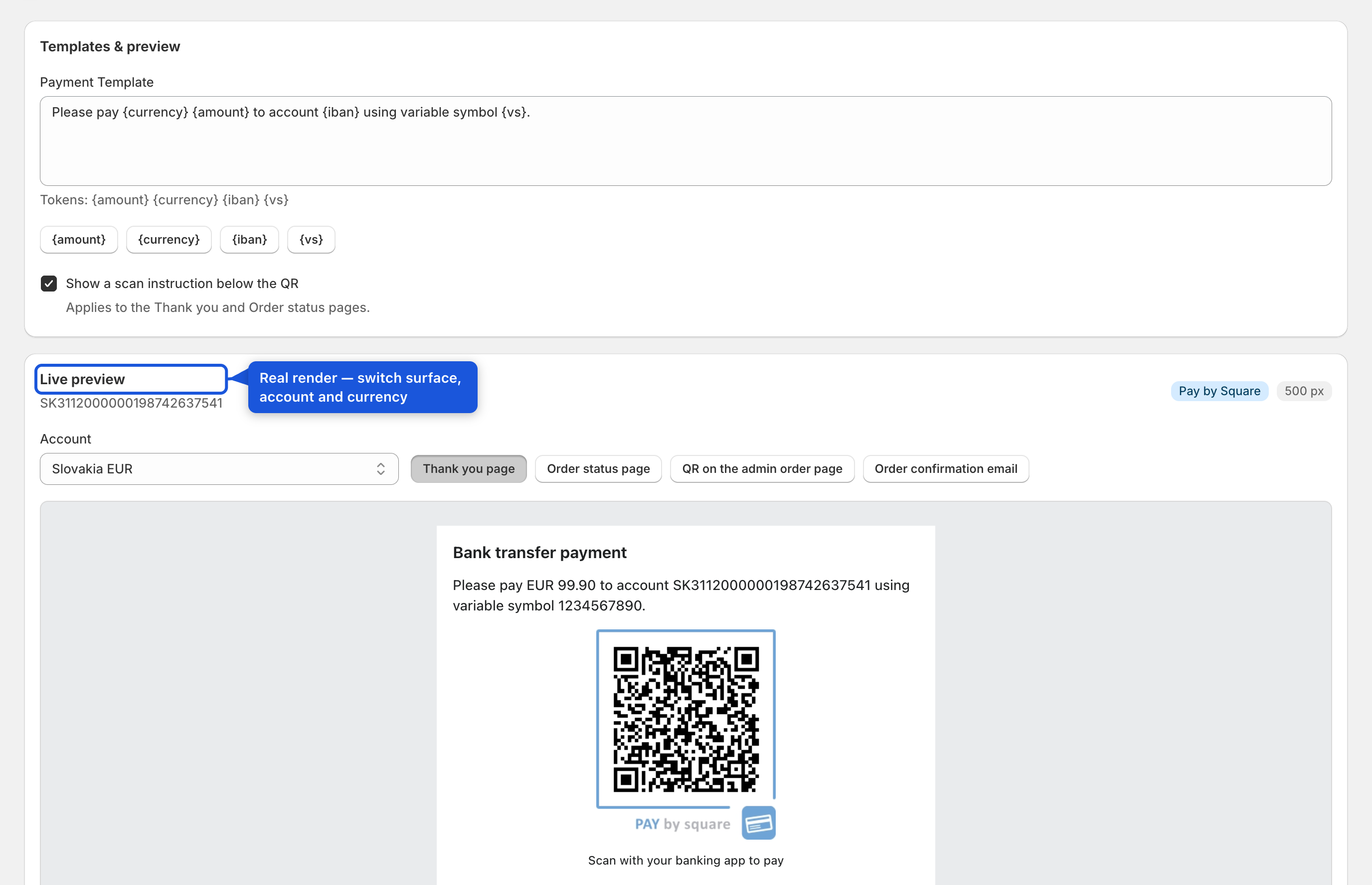 Templates & preview — editable instruction text with a live, surface-switchable QR preview