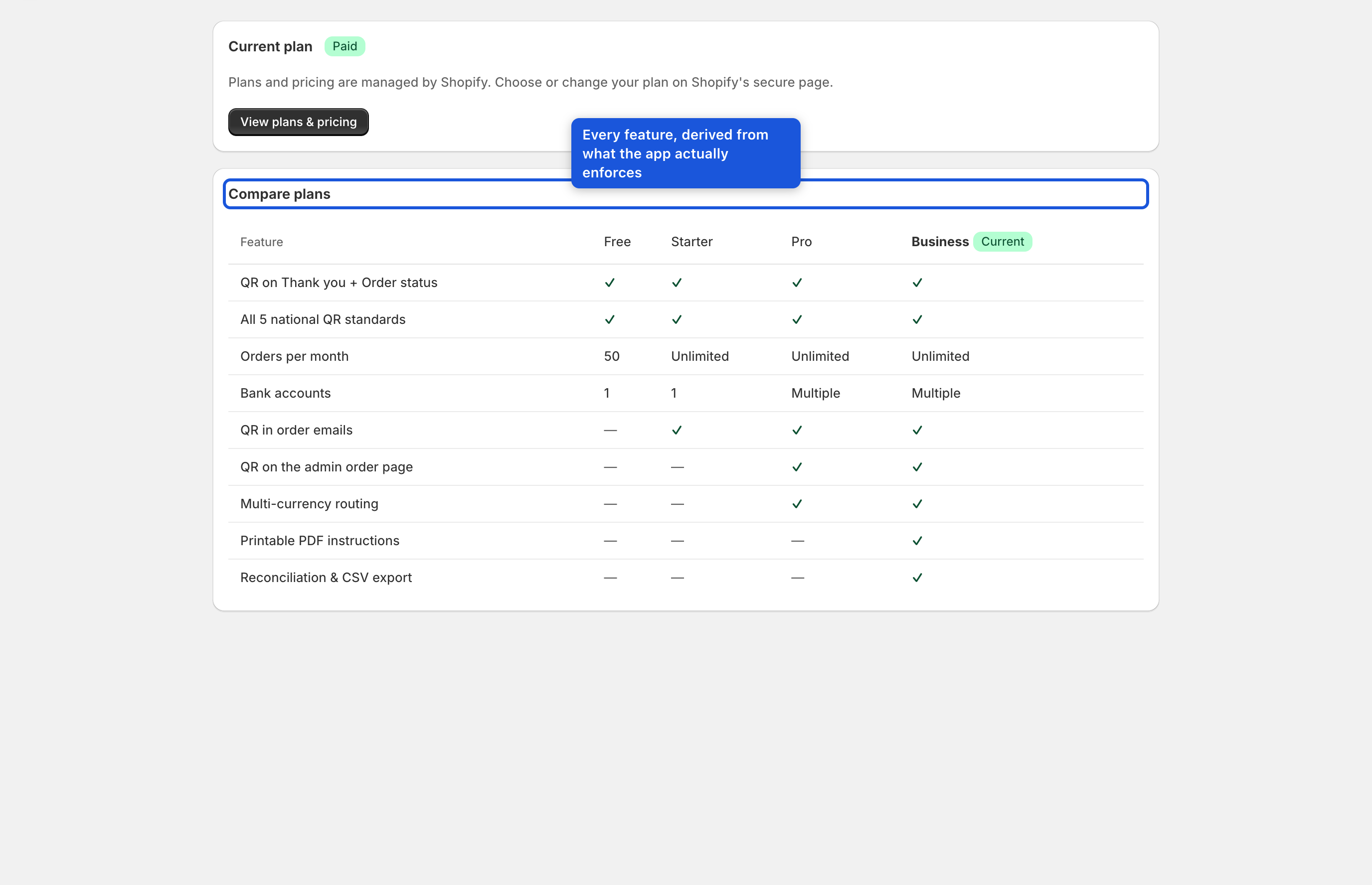 Plan page — feature comparison across Free / Starter / Pro / Business