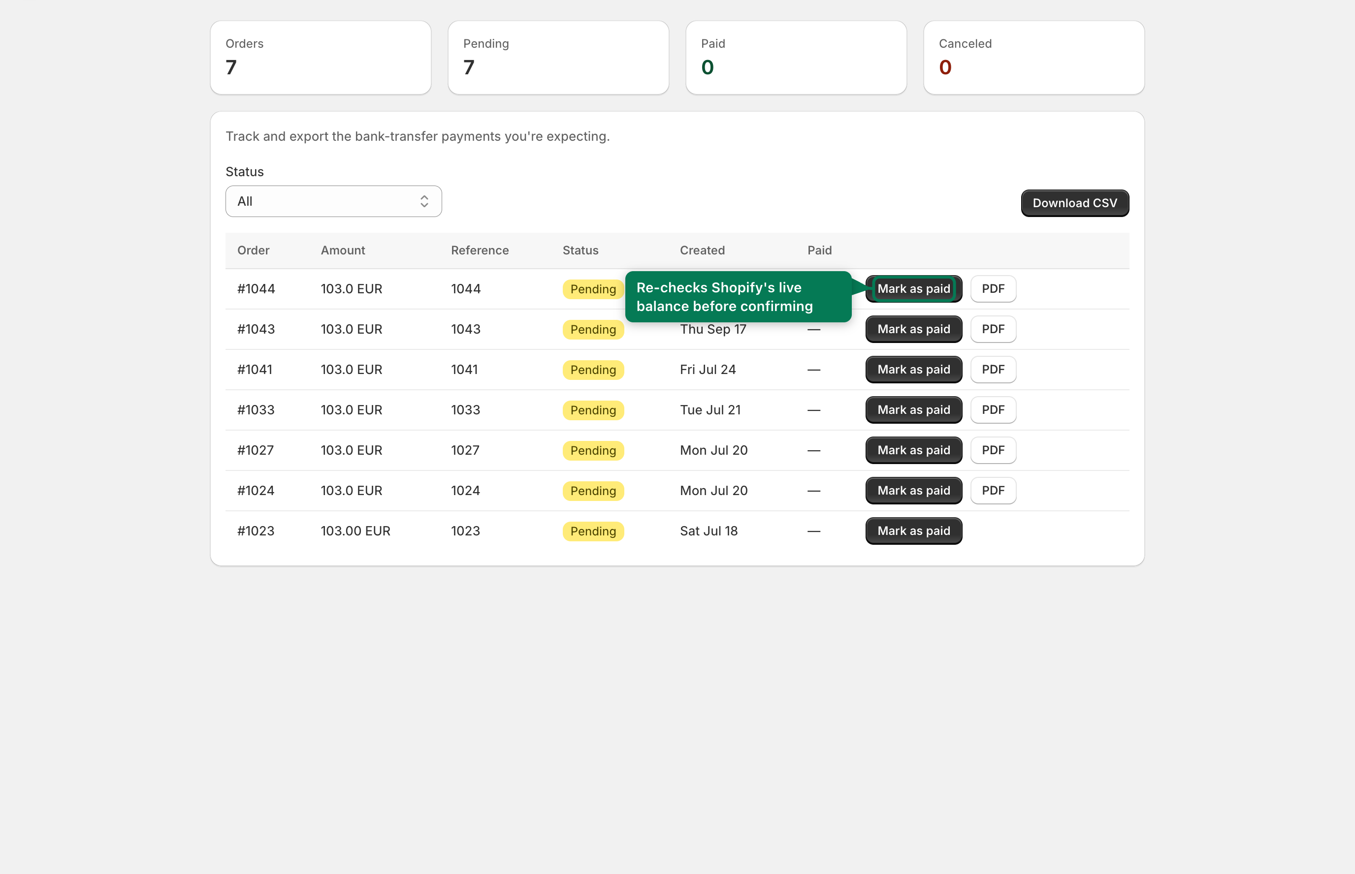Payment reconciliation — order table with status, per-order PDF and mark-as-paid