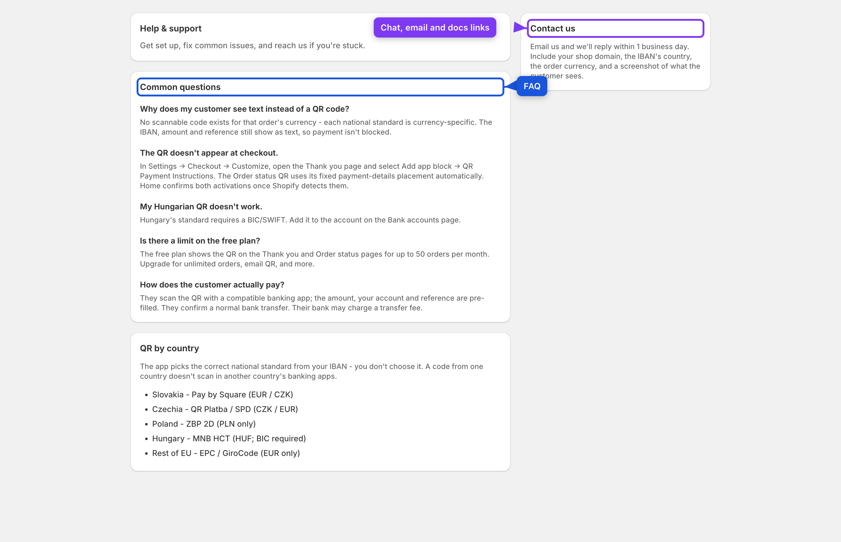 Help & support — FAQ, per-country notes and contact options