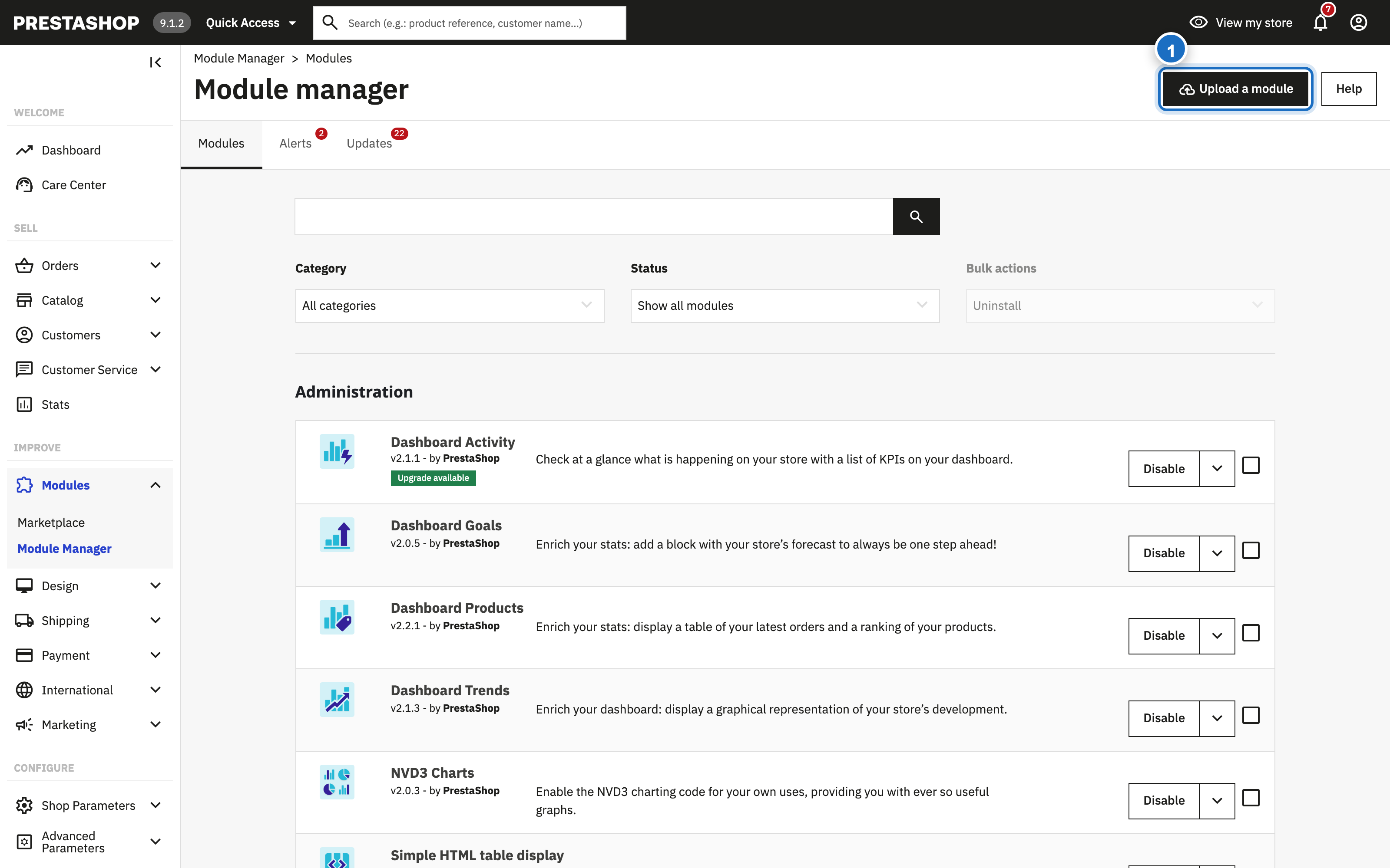 Module Manager page with the Upload a module button annotated