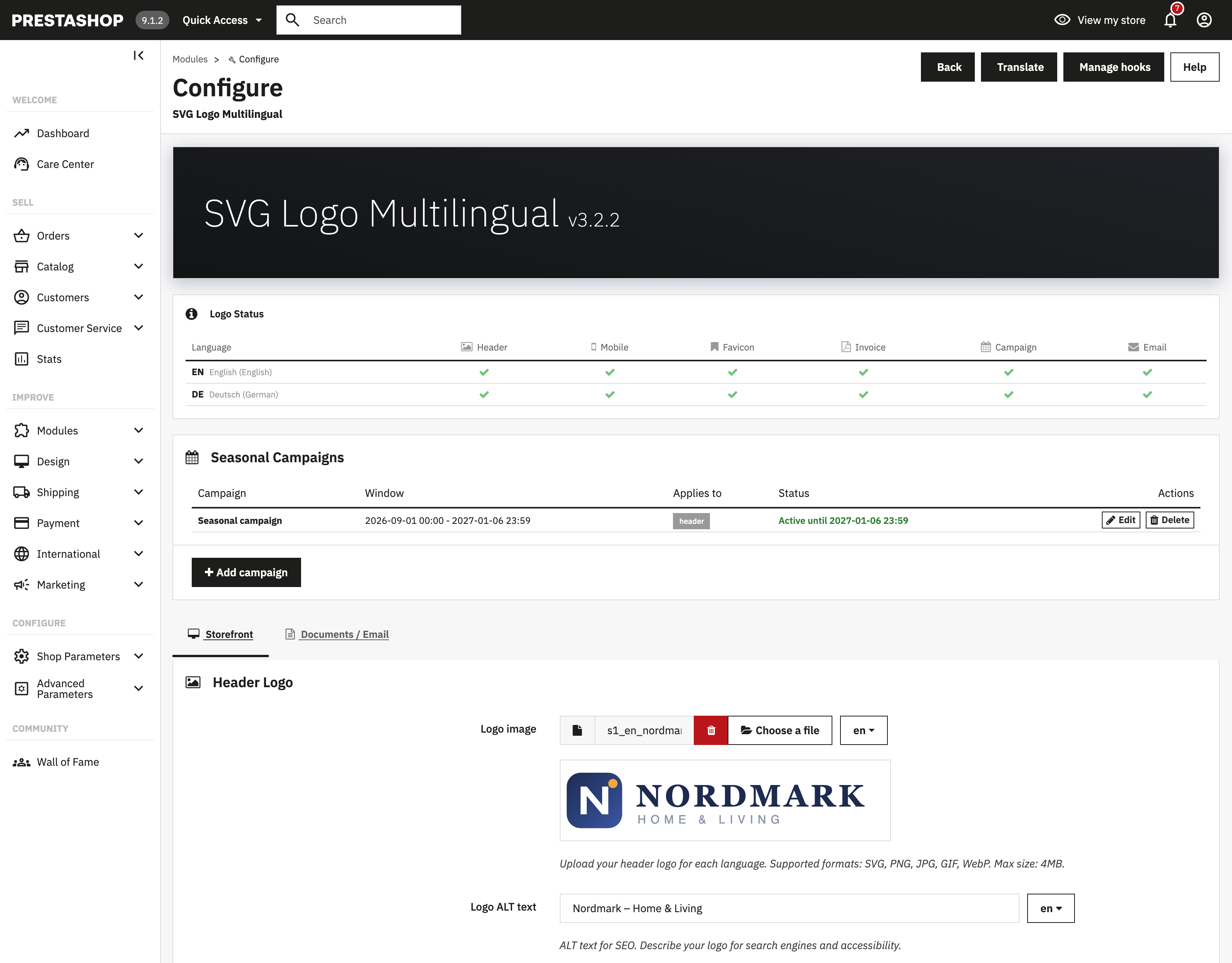 Full configuration page with Logo Status, Seasonal Campaigns, tabs and the Header Logo panel