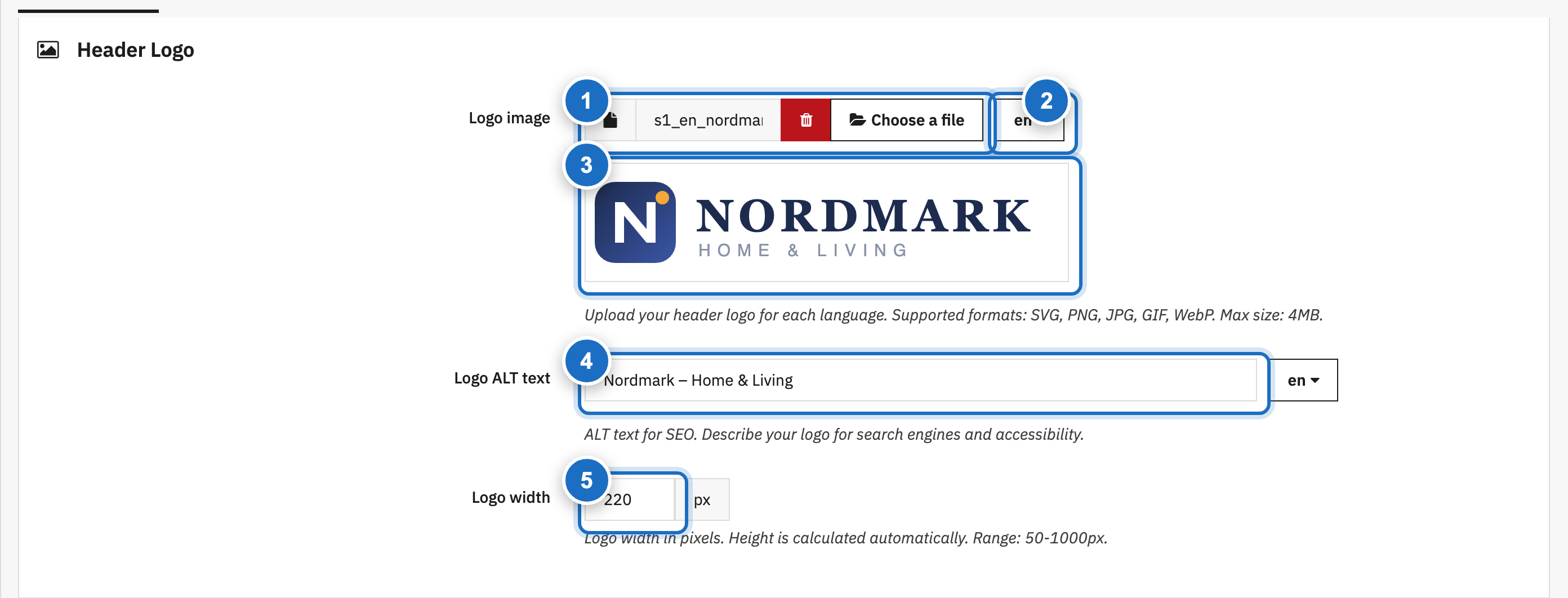Header Logo panel with annotations: (1) file field with delete button, (2) language selector, (3) live preview, (4) ALT text, (5) logo width