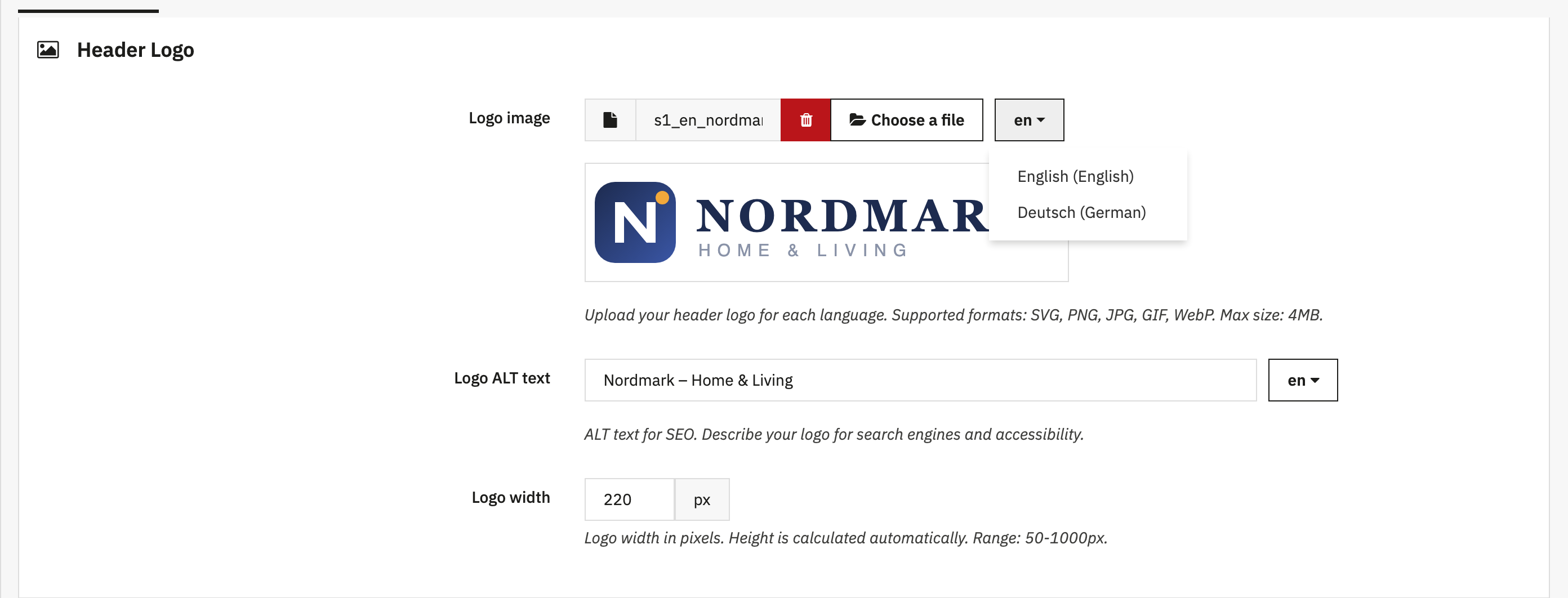 Header Logo panel with the language dropdown open showing English and German