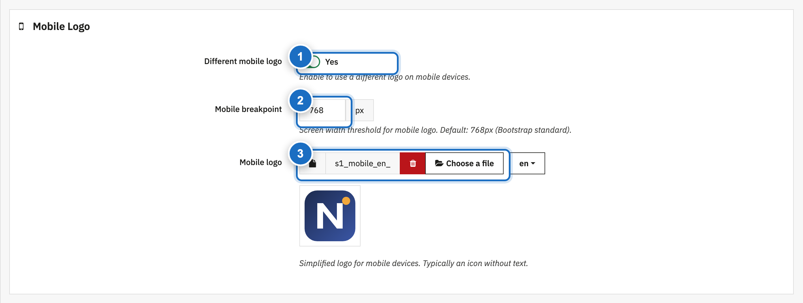 Mobile Logo panel with annotations: (1) enable switch, (2) breakpoint, (3) per-language file