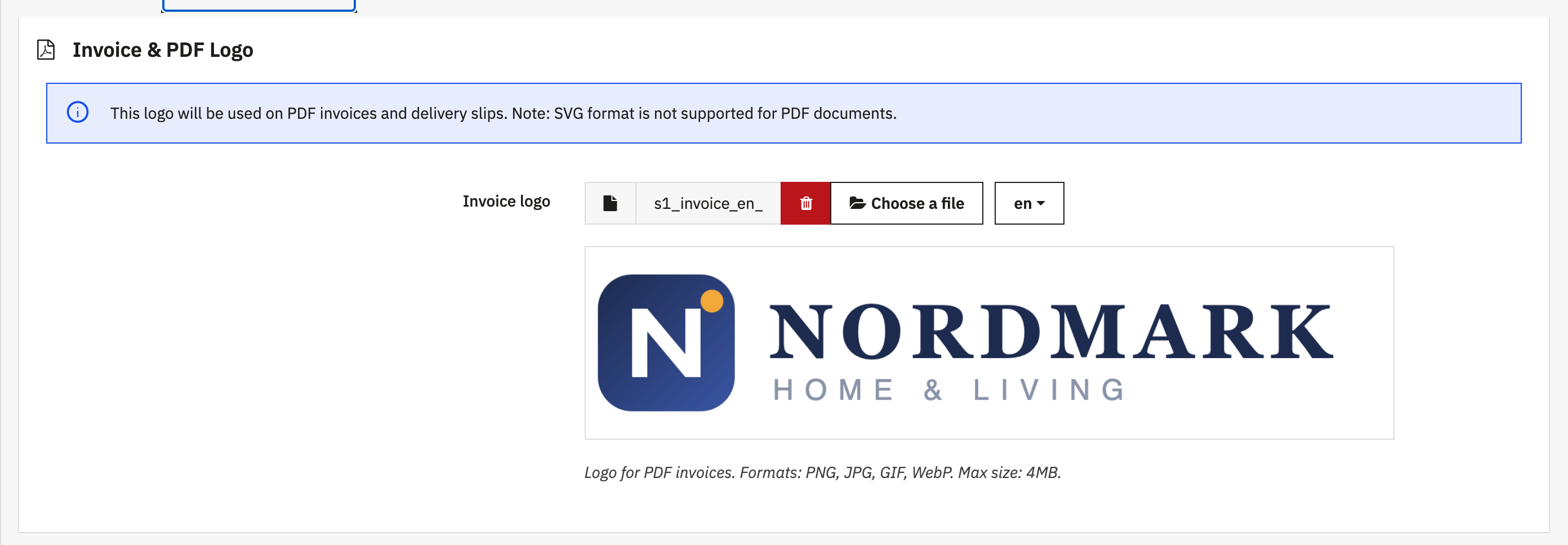 Invoice and PDF Logo panel with the per-language file field