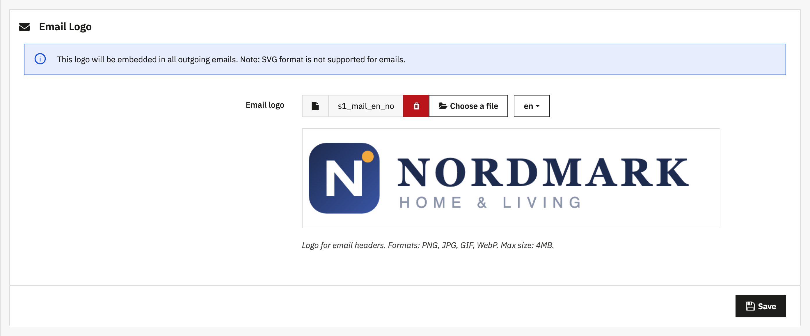 Email Logo panel with the per-language file field
