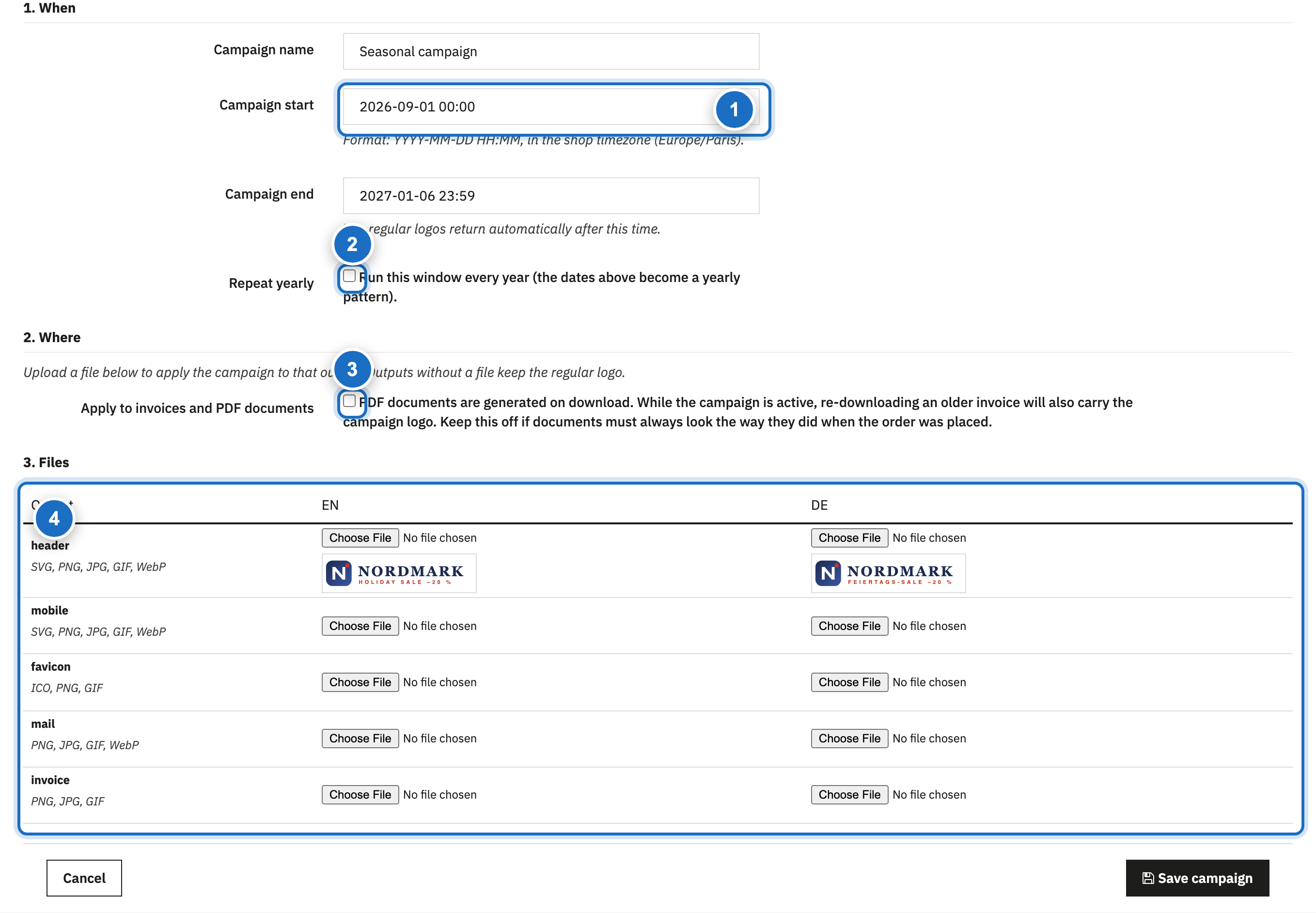 Campaign form with annotations: (1) campaign window, (2) yearly repeat, (3) invoice opt-in, (4) per-language files table