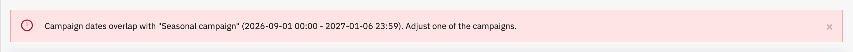 Save rejected with the message naming the overlapping campaign and its window