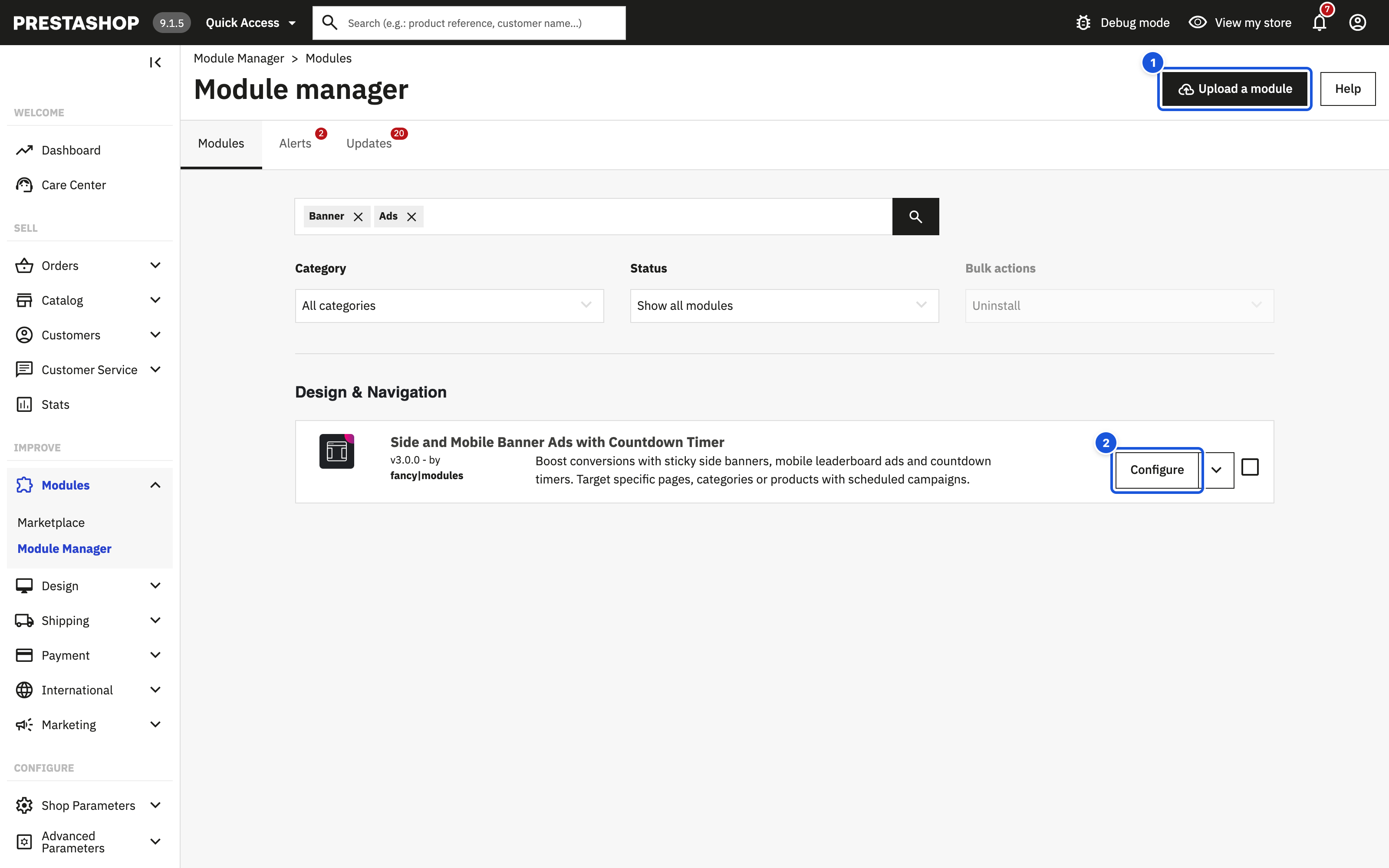 Module Manager: (1) Upload a module, (2) Configure