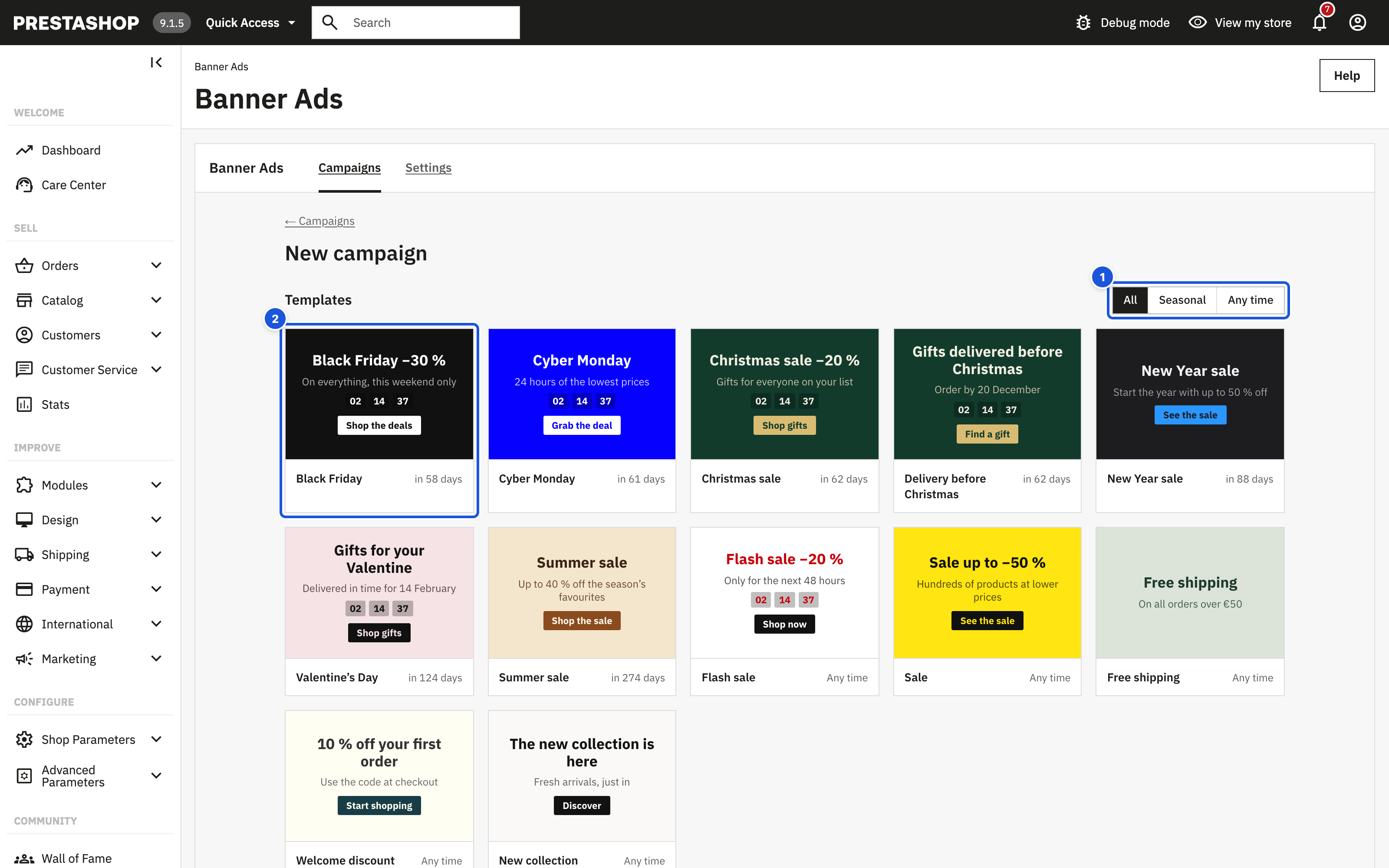 New campaign page: (1) filter, (2) templates
