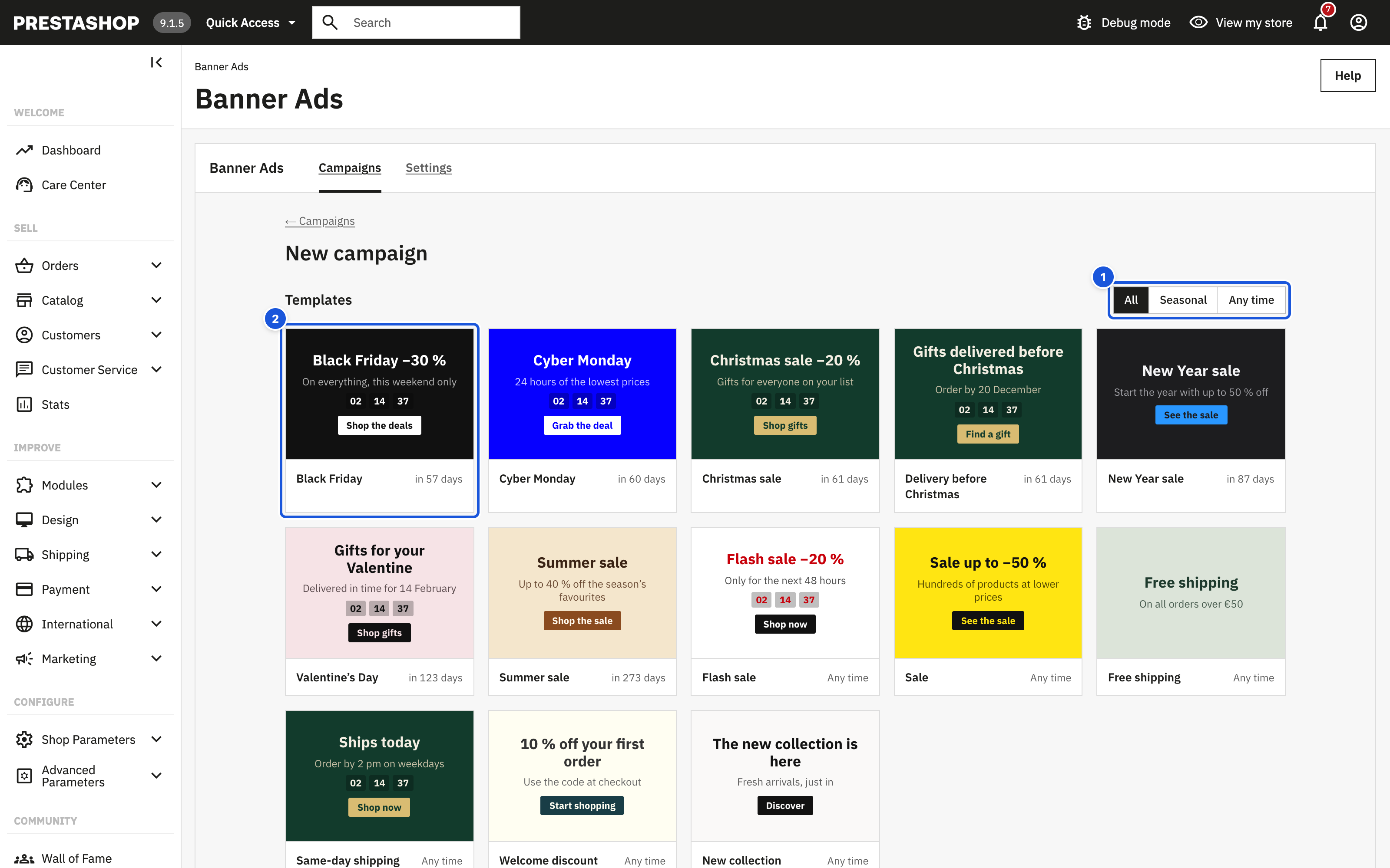 New campaign page with the templates